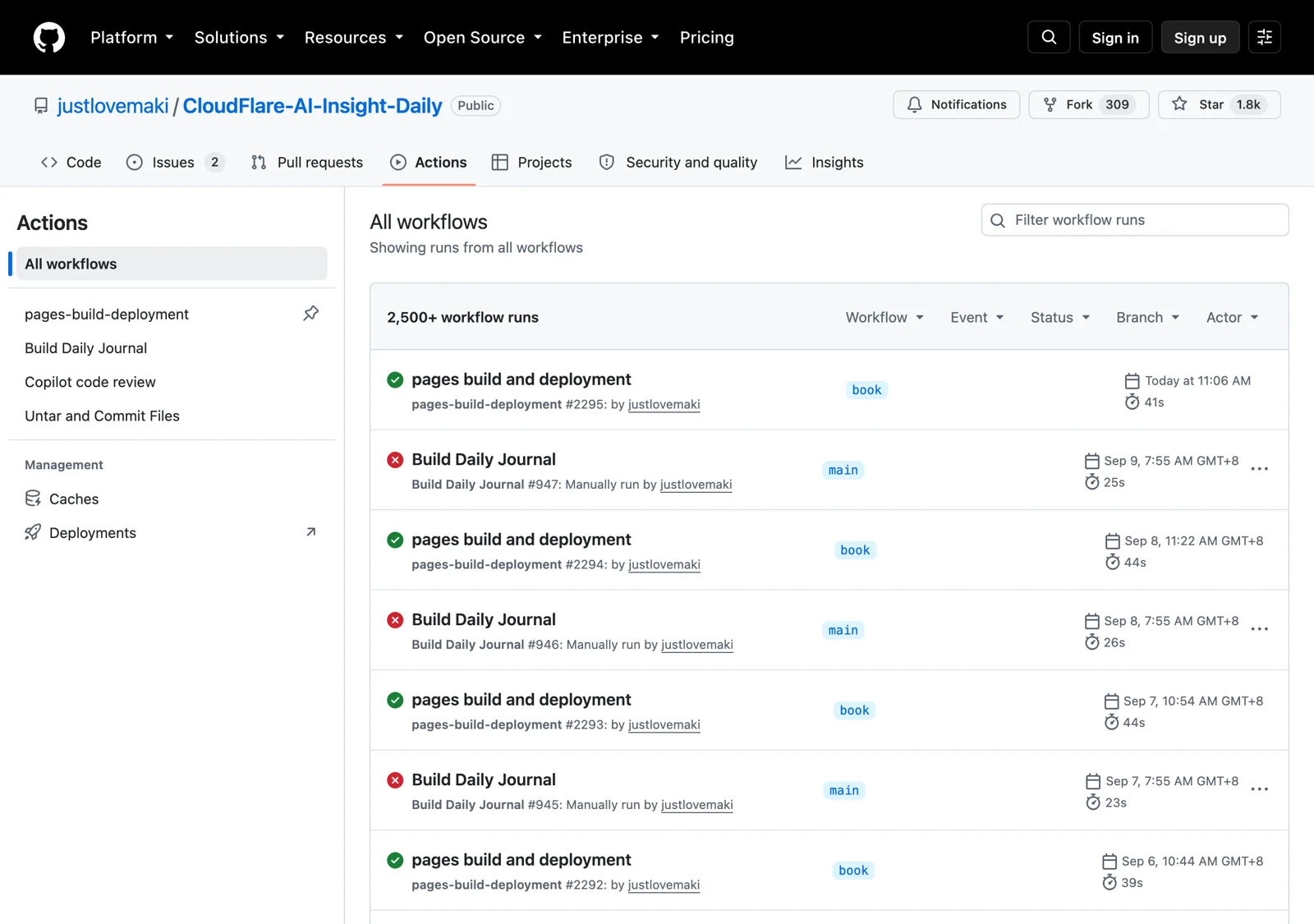 AI Insight Daily 開源 AI 日報:看日報去新站,自架拿新後端 2 GitHub Actions 頁面上 Build Daily Journal 工作流程連續失敗的執行記錄列表