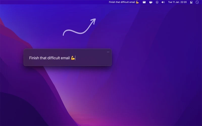 One Thing Mac 選單列提醒工具:把最重要的一件事常駐眼前 2 官方 App Store 截圖,Mac 桌面選單列與浮動卡片顯示任務文字 Finish that difficult email,箭頭指向選單列