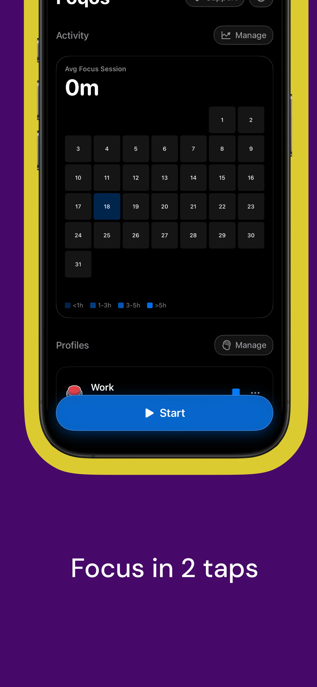 Foqos 免費開源 iPhone 封鎖器,一張 NFC 貼紙鎖住分心 App 2 Foqos App 主畫面,顯示 Work 設定檔、Start 按鈕與專注紀錄熱力圖