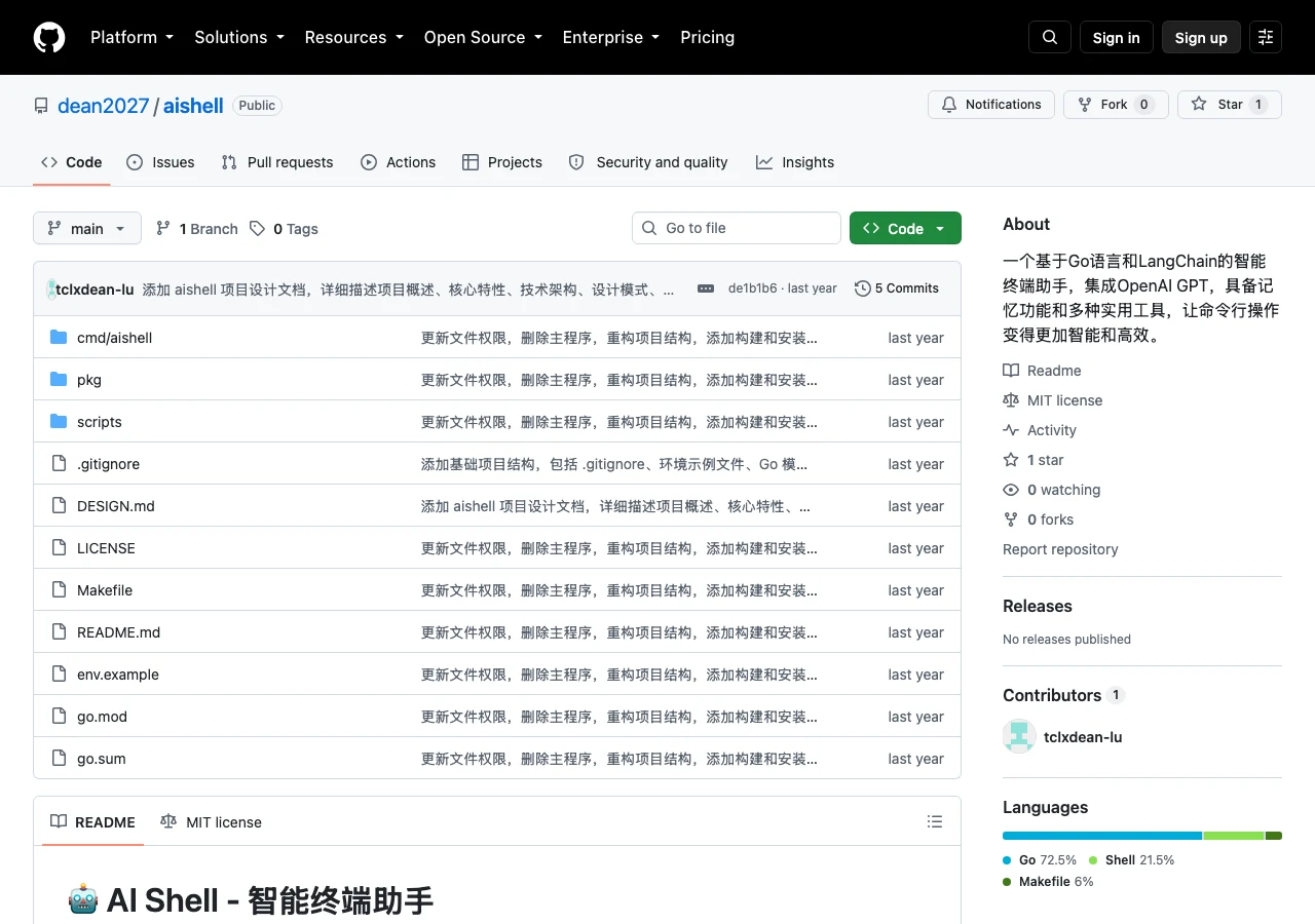 AI Shell 終端工具官網關站,舊網址會帶你找到錯的專案 2 AI Shell 同名 GitHub 專案頁面截圖:dean2027/aishell,1 顆星、5 個 commits、0 個 release