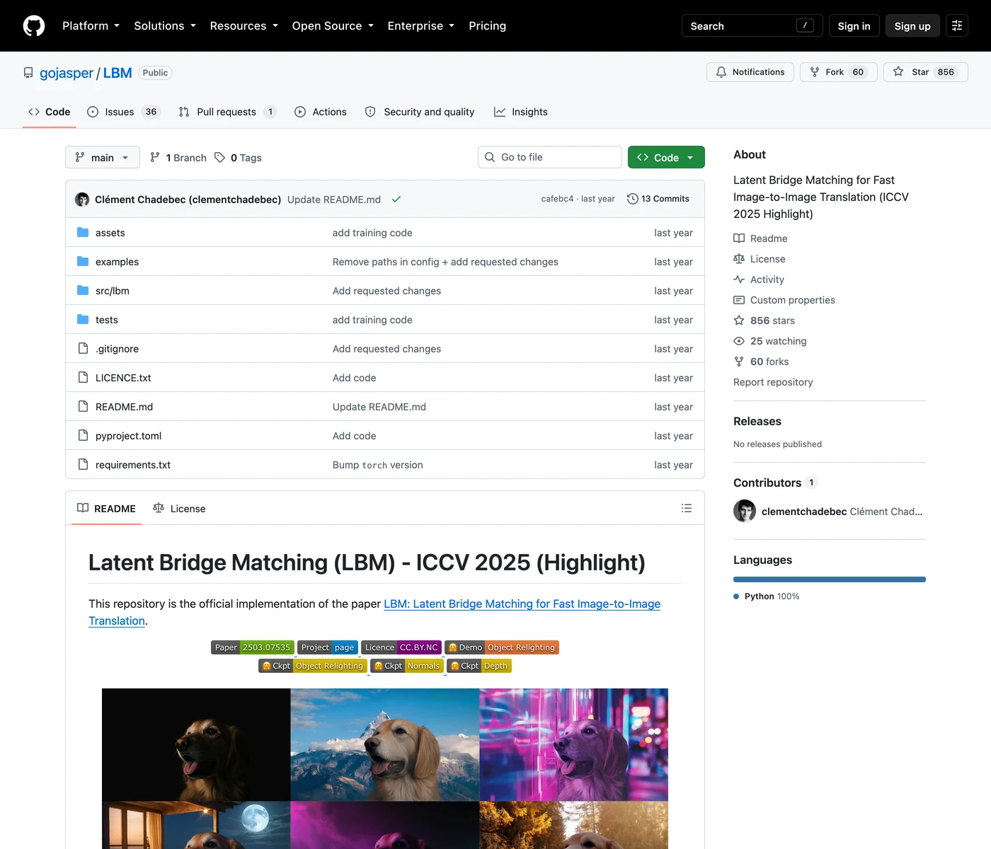 LBM 開源 AI 補光模型實測:合成主體一步打上背景環境光 4 gojasper LBM 的 GitHub 儲存庫頁面,可見論文、授權與三個模型權重徽章及 README 說明