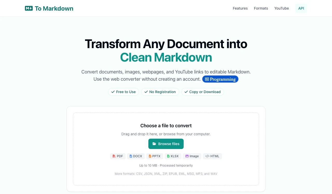 To Markdown 免費文件轉 Markdown 實測:三種檔案的真實輸出與檔案流向 2 To Markdown 官網首頁的檔案上傳介面,支援 PDF、Word、PowerPoint、Excel、圖片等格式