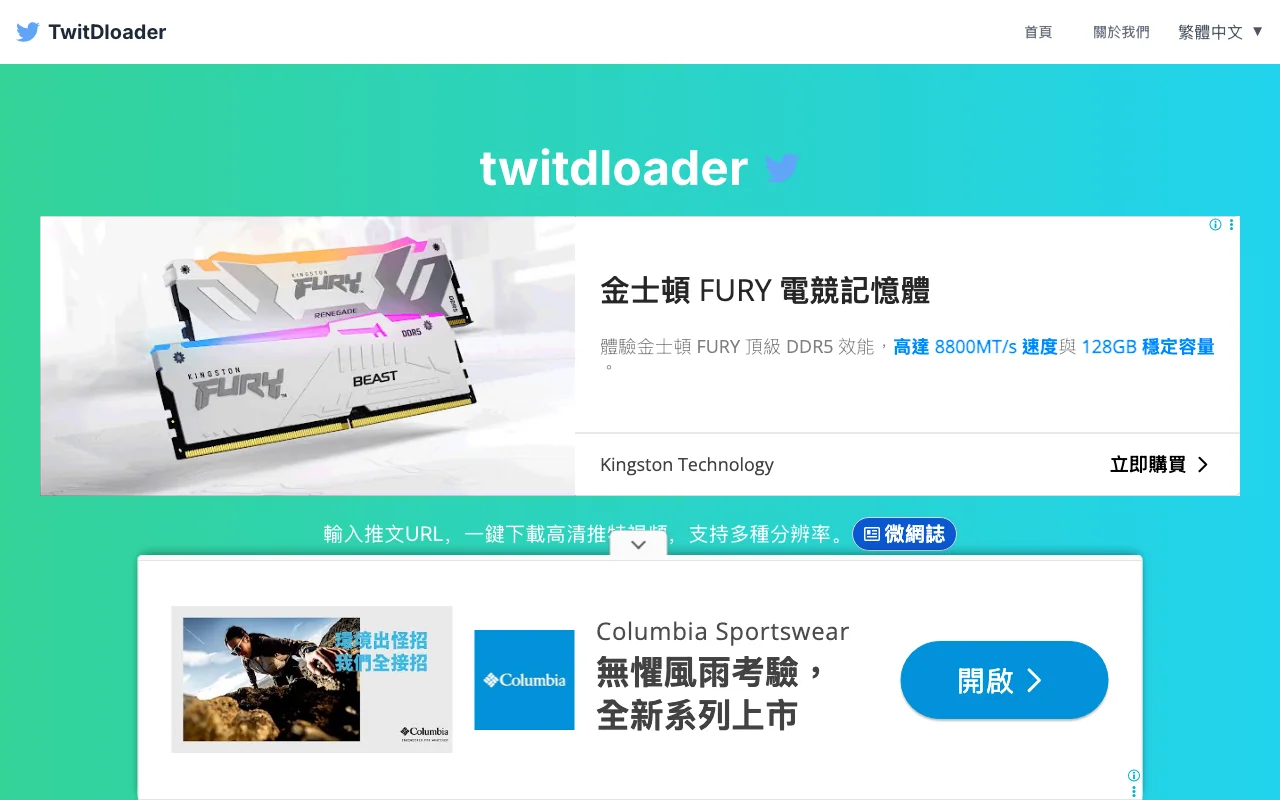 TwitDloader 實測:X 影片一鍵直載 MP4,下載頁掛滿廣告 3 TwitDloader 繁體版首頁畫面,輸入框上方與頁面中段各有一則 Google 聯播廣告,分別是 Kingston 記憶體與 Columbia 戶外服飾的橫幅
