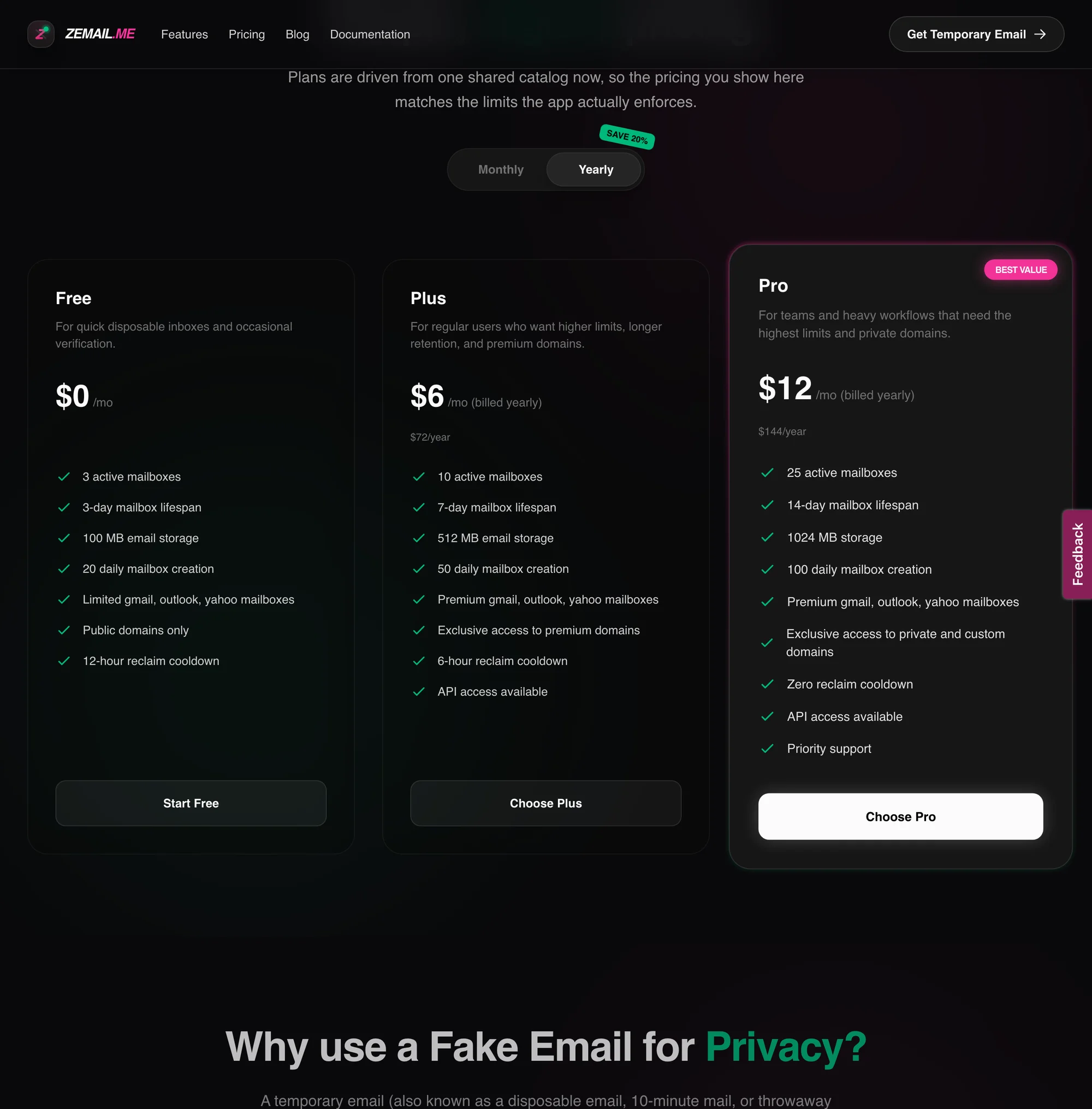 Zemail.me 臨時信箱:免註冊先拿地址,免費額度攤開看 3 Zemail.me 官網價目表:Free、Plus、Pro 三方案