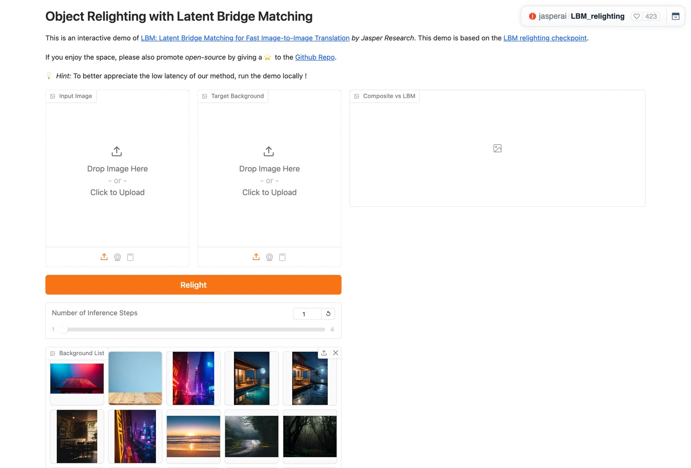 LBM 開源 AI 補光模型實測:合成主體一步打上背景環境光 2 LBM Object Relighting 的 Hugging Face Space 介面,左側為前景與背景兩個上傳框與背景圖庫,右側為對照滑桿輸出區