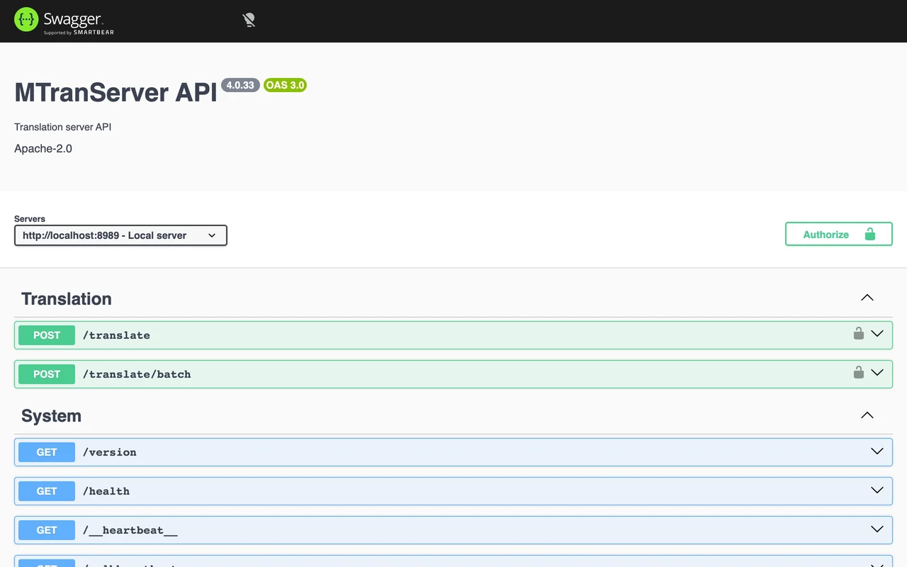 MTranServer 自架離線翻譯伺服器 3 MTranServer 啟動後內建的 Swagger API 文件頁,列出健康檢查與翻譯端點