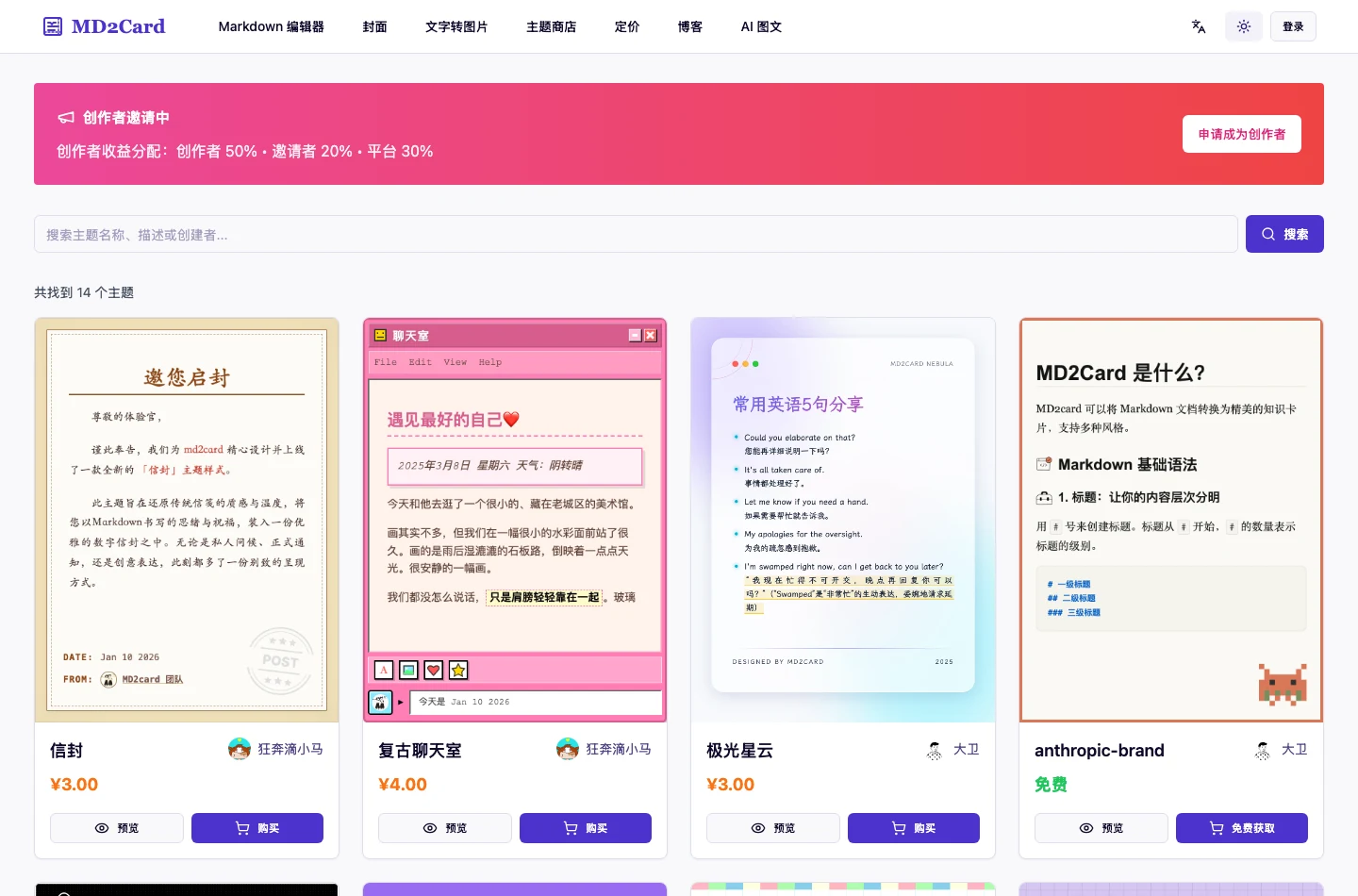 MD2Card 免費實測:Markdown 轉知識卡片,編輯器不出瀏覽器,AI 和 API 是另一套遊戲 3 MD2Card 主題商店頁面:付費主題列表與創作者收益分配橫幅