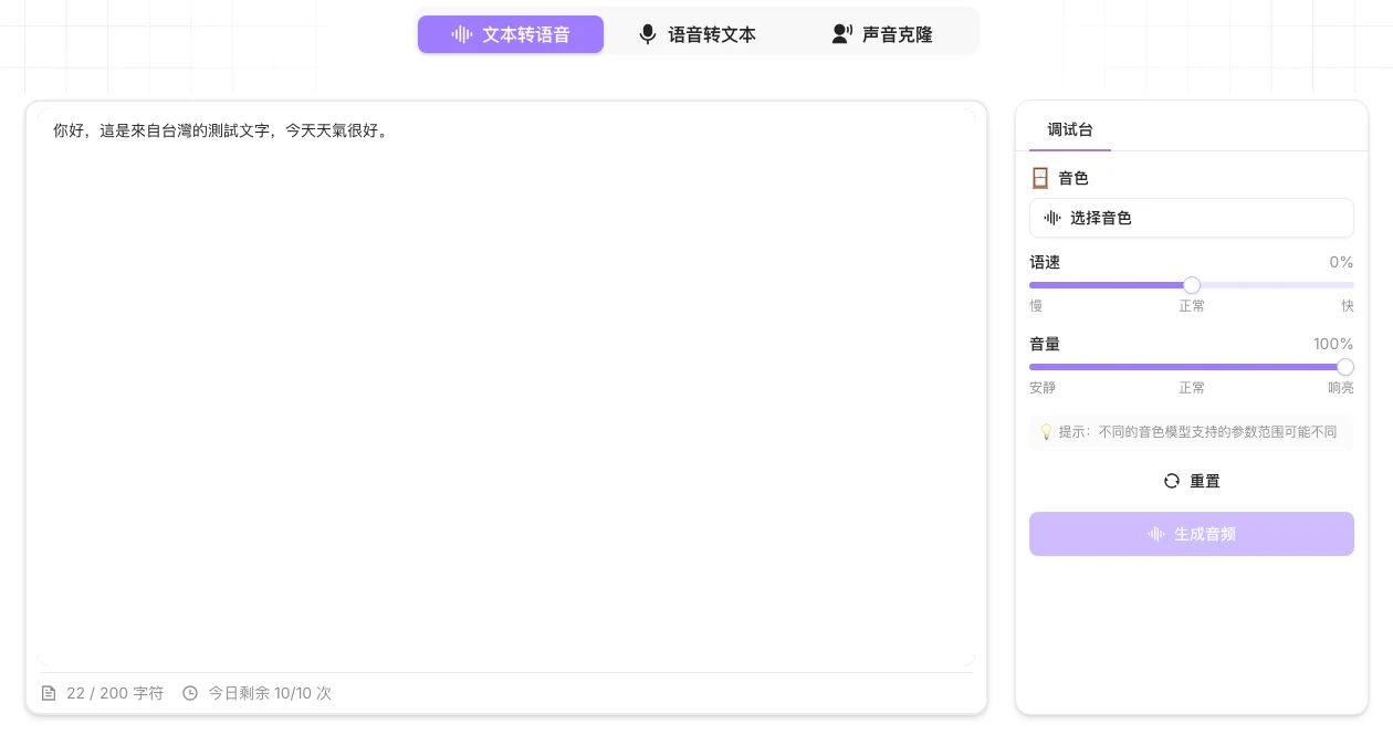 AudioTextHub 首頁文字轉語音工具卡，輸入框字元計數顯示 22 除以 200 字符，旁邊標示今日剩餘 10 除以 10 次