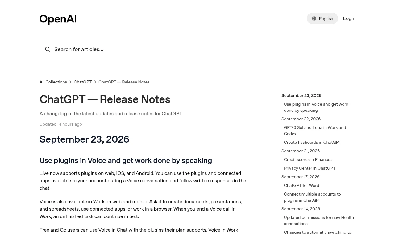 ChatGPT Voice 接上 Work:手機用說的建文件,額度這樣扣 2 OpenAI 官方 ChatGPT Release Notes 頁面截圖,September 23, 2026 條目標題為 Use plugins in Voice and get work done by speaking,內文說明 Live 支援網頁 iOS Android 的 plugins、Voice 可在 Work 建文件簡報試算表與使用瀏覽器、結束通話後未完成任務可續文字,並註明 Free 與 Go 使用者限 Chat 語音