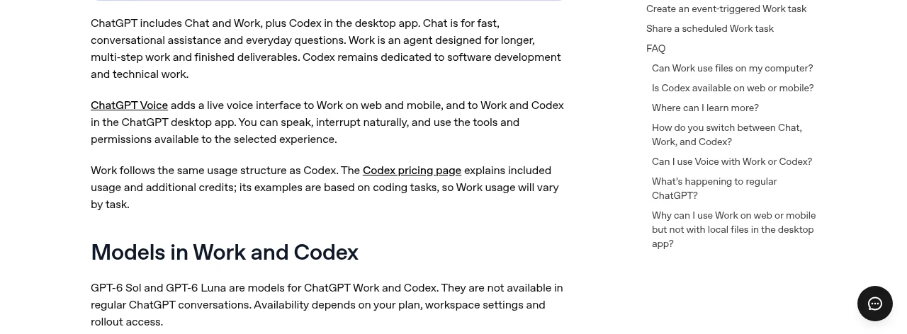 ChatGPT Voice 接上 Work:手機用說的建文件,額度這樣扣 3 OpenAI 說明中心 ChatGPT Work and Codex 文件截圖,上方段落寫 ChatGPT Voice 為網頁與手機版 Work 以及桌面版 Work 與 Codex 提供即時語音介面,可說話、自然插話並使用所選體驗可用的工具與權限,下方 Models in Work and Codex 段落寫 GPT-6 Sol 與 GPT-6 Luna 是 Work 與 Codex 專用模型,不能用於一般 Chat 對話