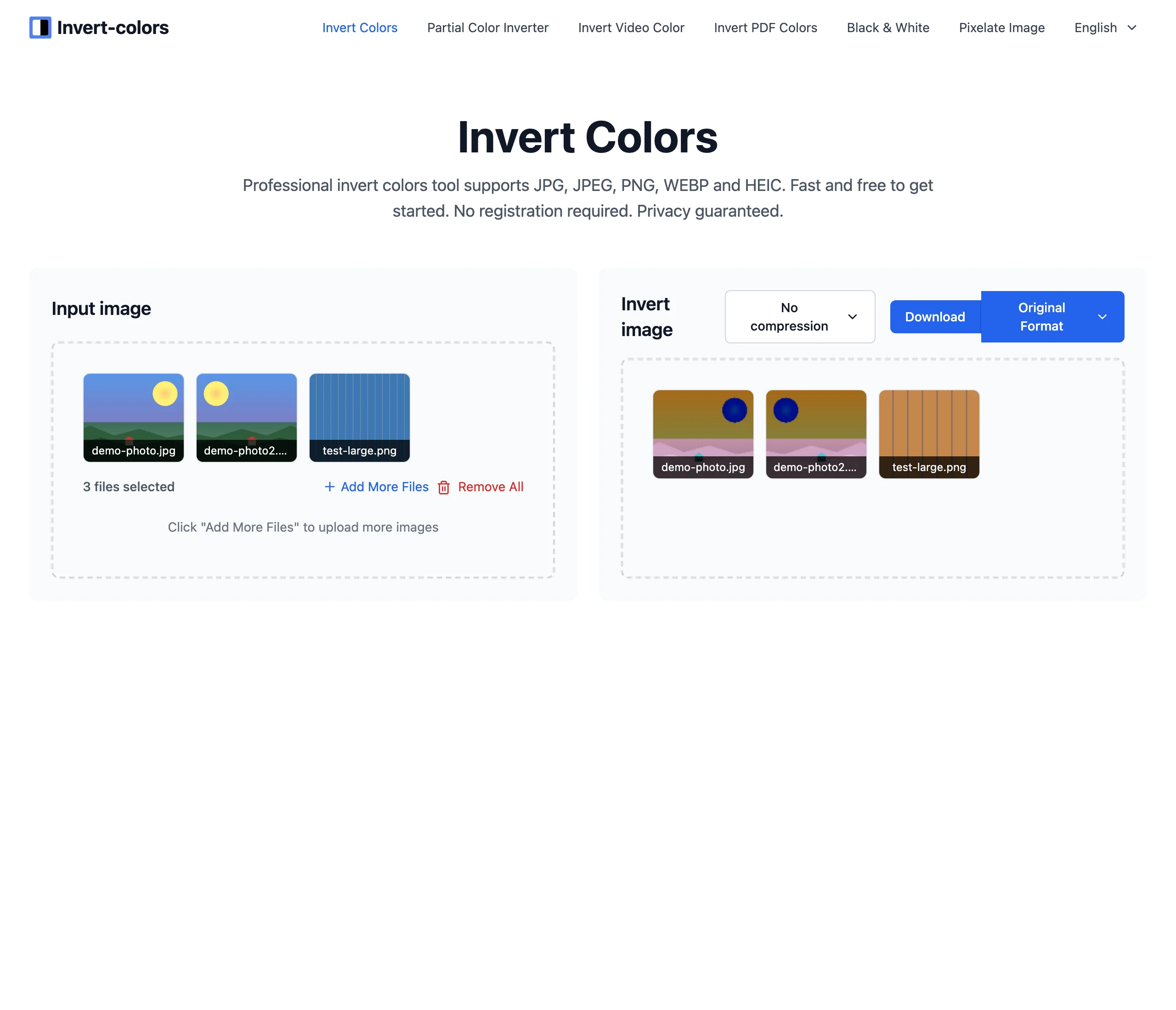 免費線上負片工具 Invert-colors,圖不上傳就完成反轉與批次 3 Invert-colors 批次模式畫面,顯示 3 files selected 與三張圖檔的縮圖預覽,左右兩側分別為輸入原圖區與反轉結果區,畫面中有 Add More Files、Remove All 與 Download 按鈕