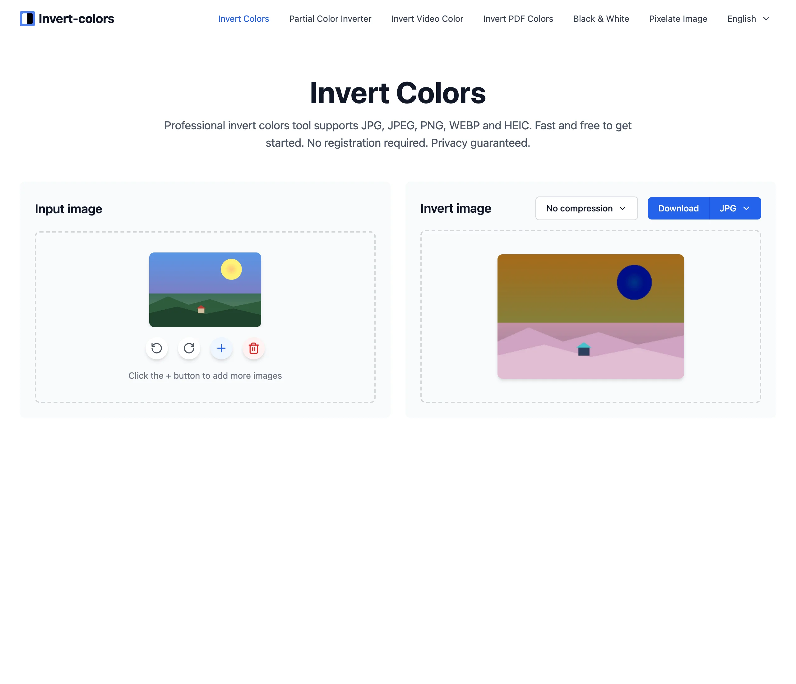 免費線上負片工具 Invert-colors,圖不上傳就完成反轉與批次 2 Invert-colors 單張模式操作畫面,左側 Input image 顯示藍天綠地的原始風景照與旋轉按鈕,右側 Invert image 並排顯示反轉後的負片版本,天空轉為棕橙色調,下方有無壓縮下拉選單、Download 按鈕與格式選單