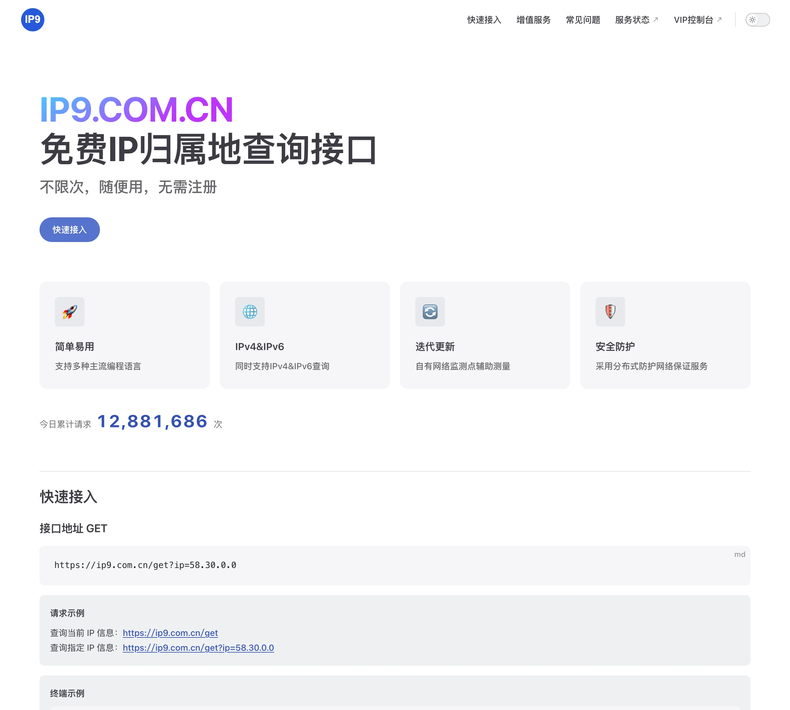 IP9 免費 IP 歸屬地查詢 API 實測,一支 curl 查出城市與電信商 2 IP9 官網首頁的快速接入區塊,標示免費 IP 歸屬地查詢接口、IPv4 與 IPv6 支援,以及當日累計請求次數的即時計數器