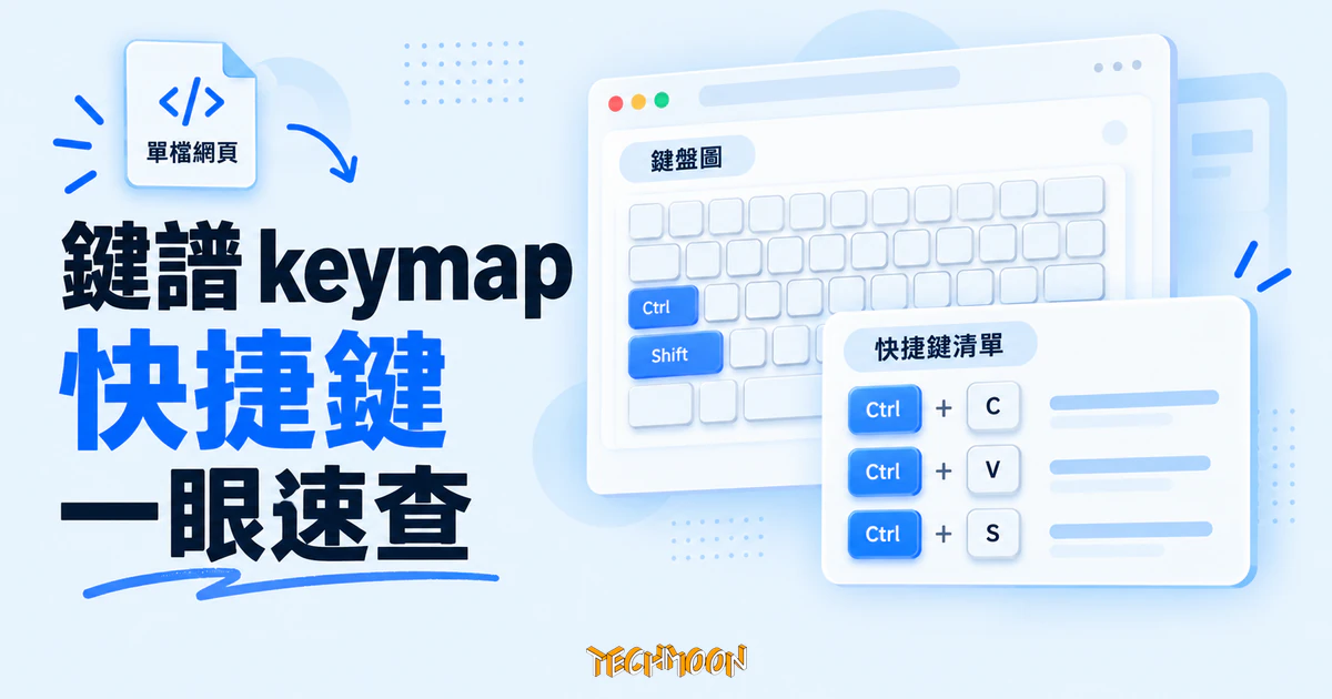 鍵譜 keymap 實測:用一個網頁檔整理你的快捷鍵速查表 1 TechMoon 精選圖|鍵譜 keymap 單檔網頁工具,以鍵盤圖與快捷鍵清單呈現軟體快捷鍵的記錄與展示方式