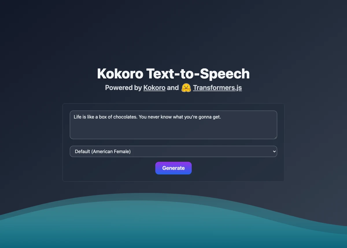 Kokoro 瀏覽器示範頁的操作介面，包含英文例句輸入框、英語聲音下拉選單與 Generate 生成按鈕，頁尾標註由 Kokoro 與 Transformers.js 驅動