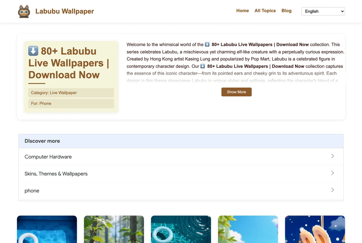 Labubu 桌布網站實測:免費無浮水印,更新與數字對帳 3 Labubu Wallpaper 動態桌布分類頁截圖,標題寫 80+ Labubu Live Wallpapers Download Now,下方排列桌布卡片與下載按鈕