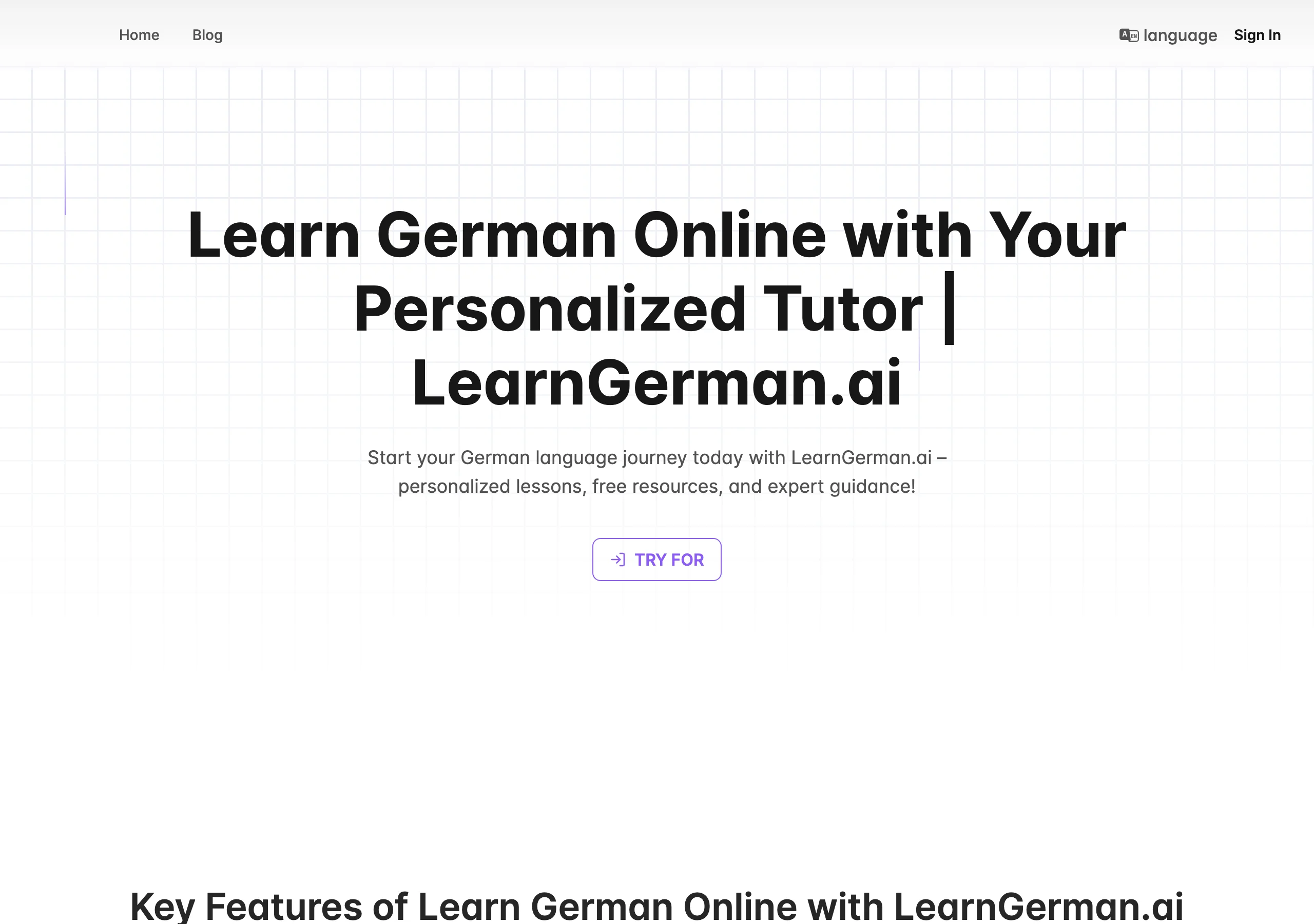 免費德語學習網站 LearnGerman.ai 實測,註冊前先看清三件事 2 LearnGerman.ai 首頁標榜個人化德語家教、即時回饋與口語練習的宣傳版面