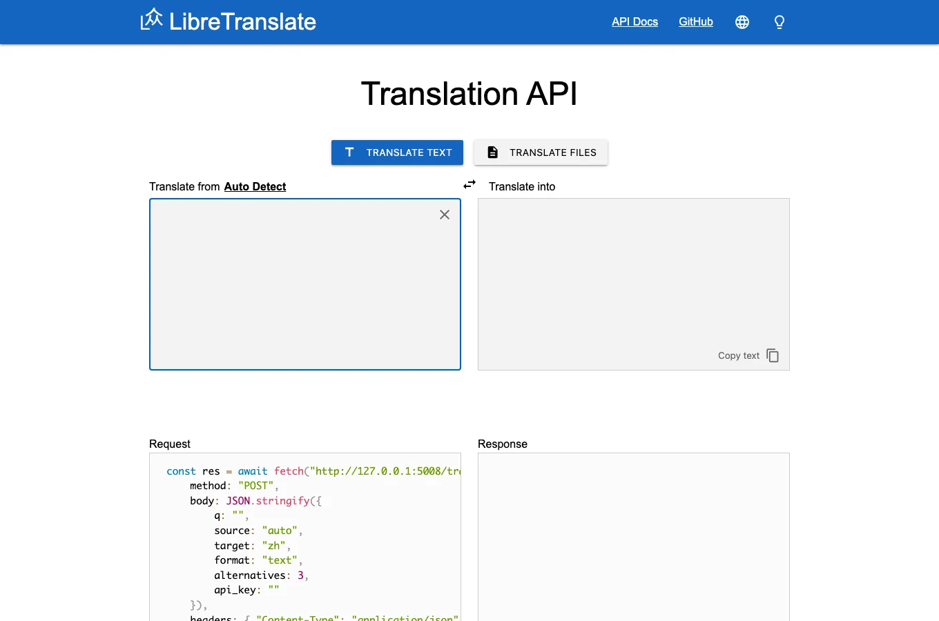 開源翻譯 API LibreTranslate 實測,把整套翻譯引擎裝進自己機器 3 LibreTranslate 網頁介面在自架實例上的首頁,包含翻譯輸入框與語言選擇器