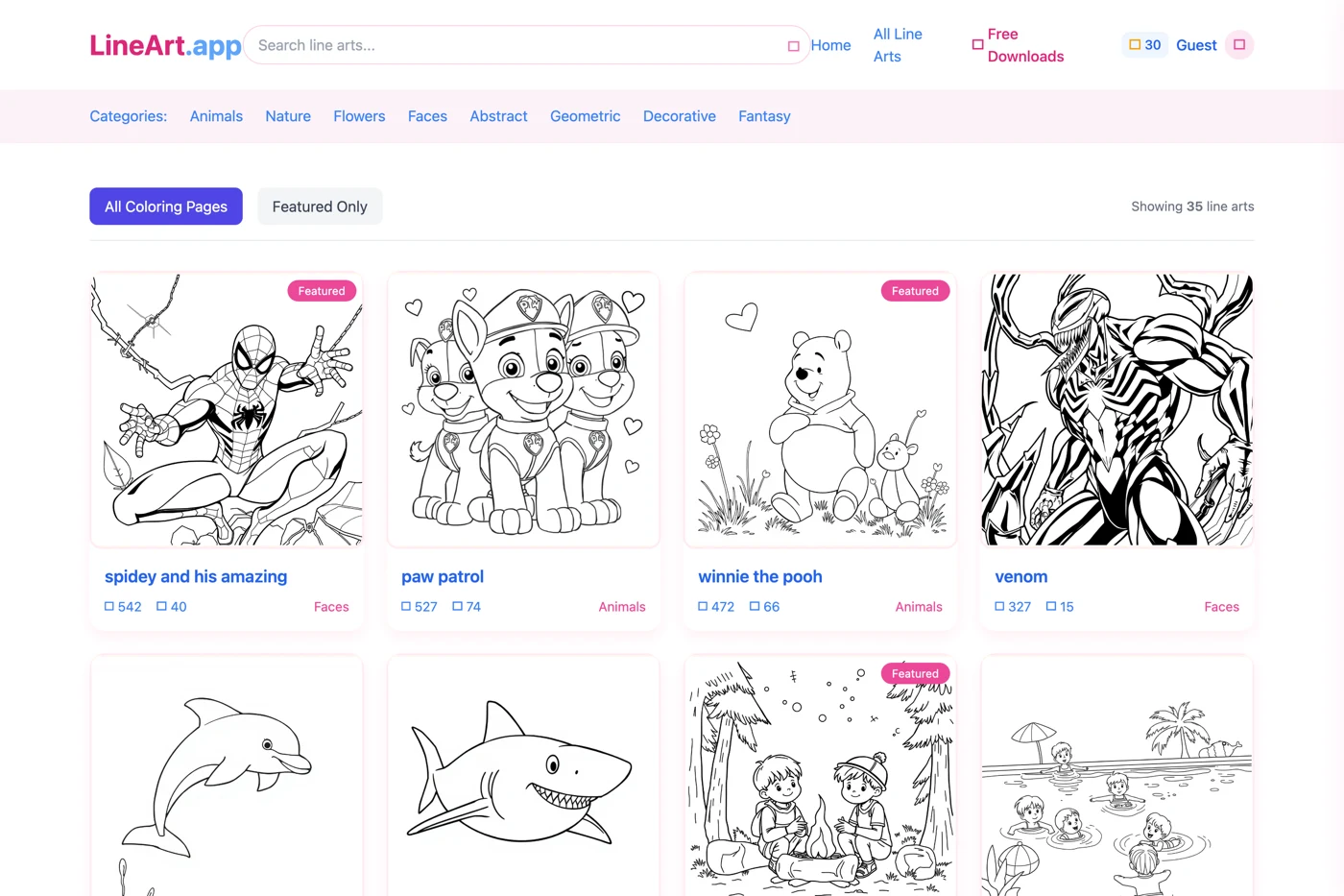 LineArt.app 圖庫頁顯示 35 張線稿，精選項目包含 spidey、paw patrol、winnie the pooh、venom 等授權角色