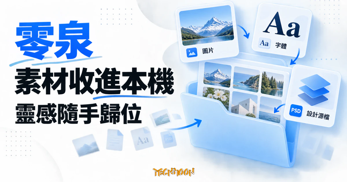 零泉免費素材管理工具:把圖片、字體與 PSD 源檔收進本機 1 TechMoon 精選圖|零泉桌面素材管理工具,以圖片、字體與設計源檔卡片呈現本機素材整理概念