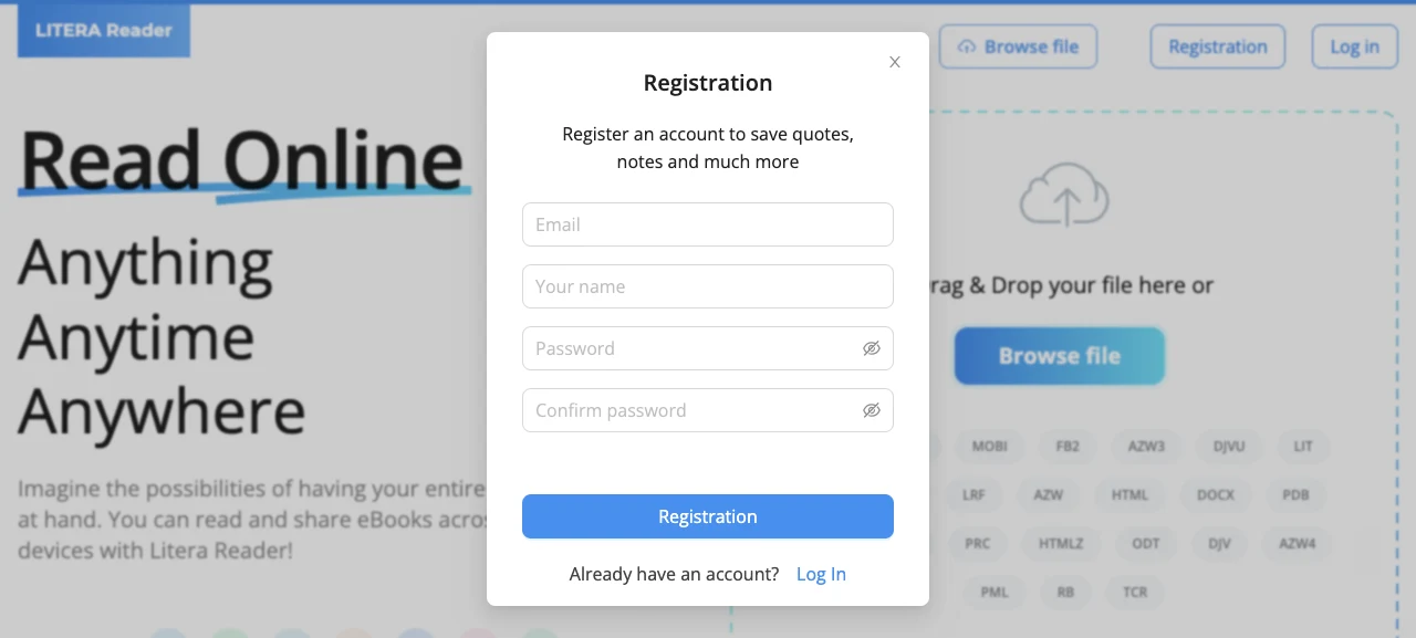 LITERA Reader 免費線上閱讀器,把電子書拖進網頁直接讀 3 TechMoon 內文截圖|LITERA Reader 註冊視窗欄位:email、名稱、密碼