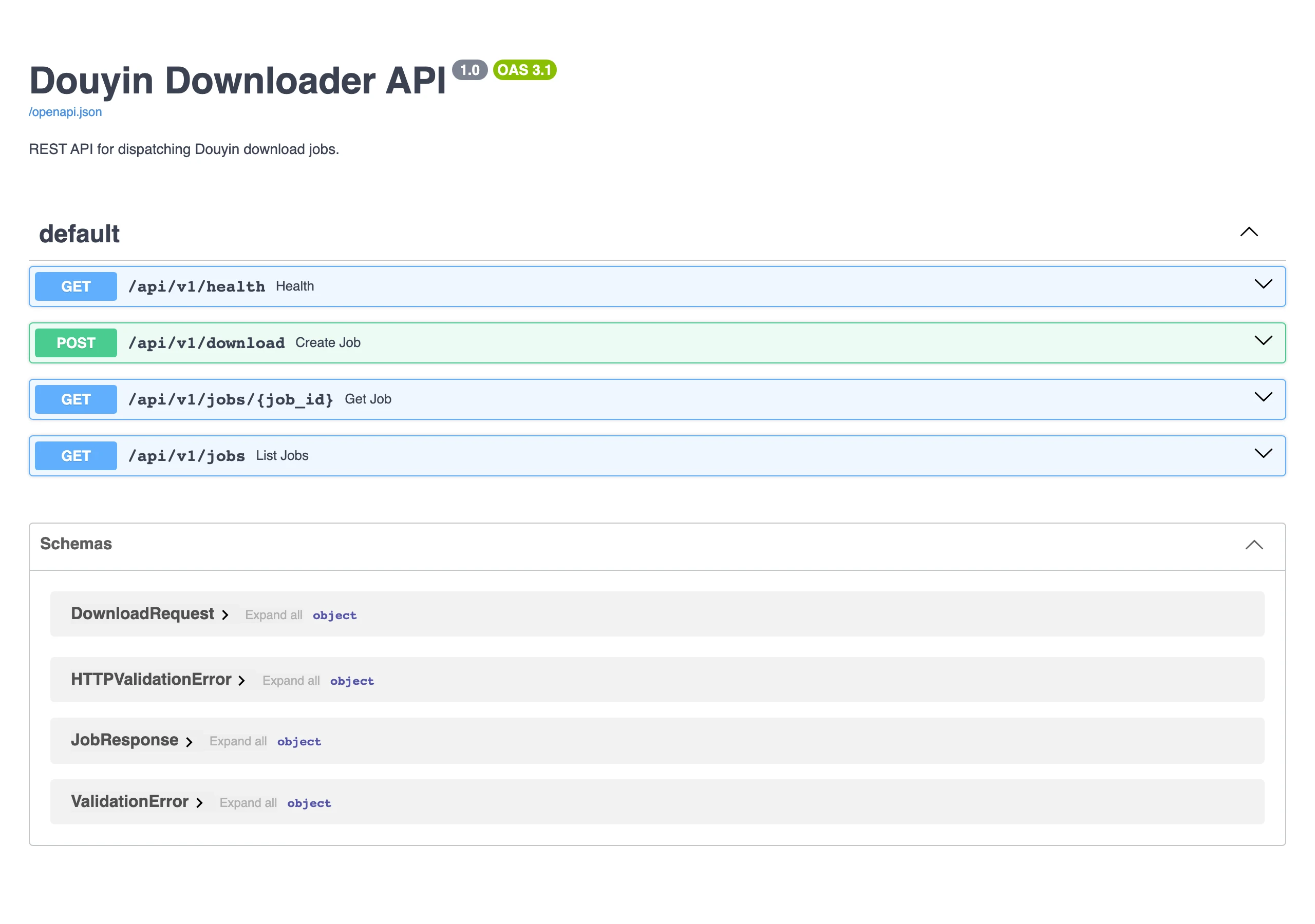 DouYin Downloader 以 REST API 服務模式啟動後，本機瀏覽器開啟的自動文件頁，標題 Douyin Downloader API，列出 health、download、jobs 端點