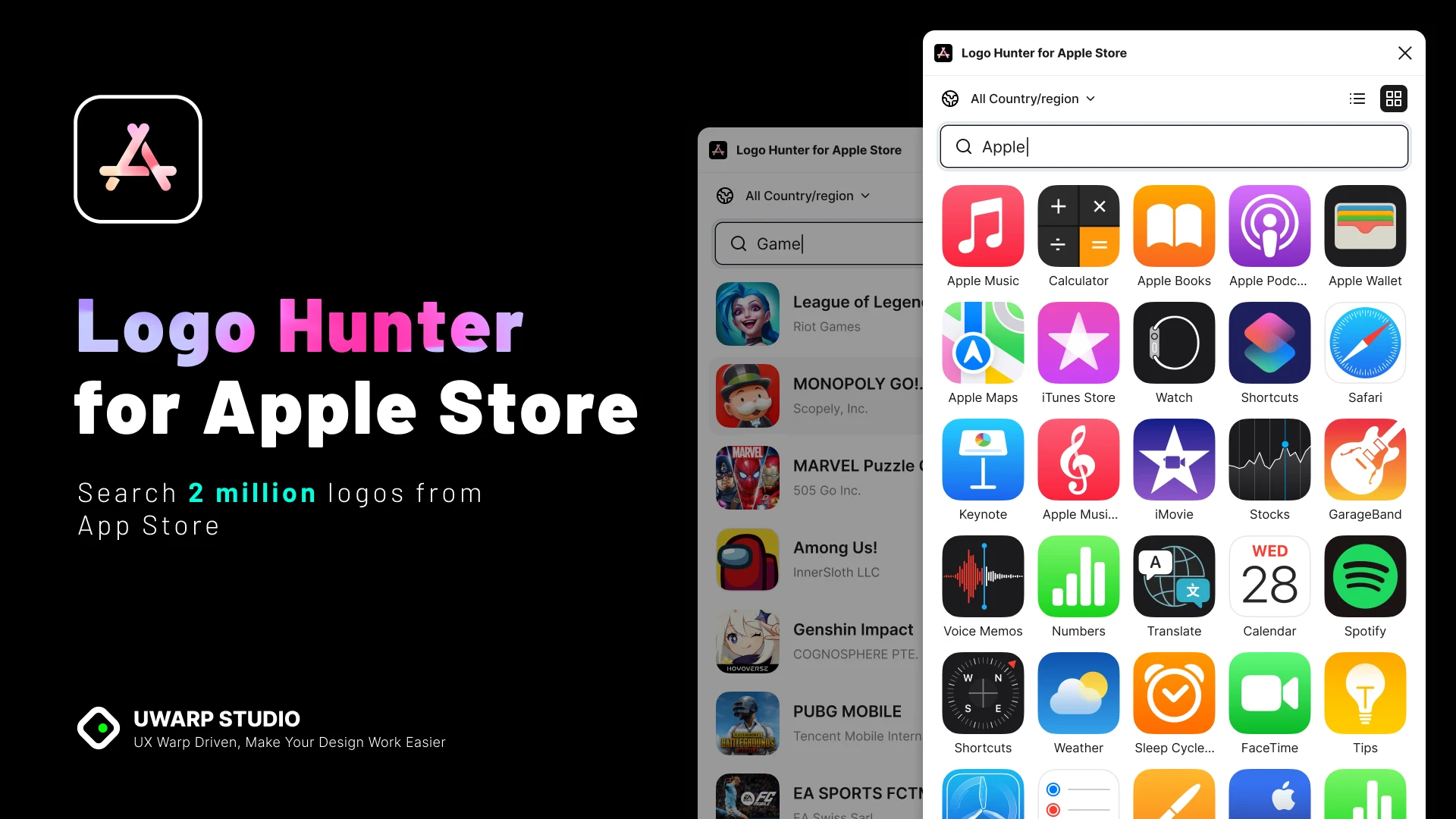 Logo Hunter Figma 外掛的官方封面圖，左側為搜尋 Game 的結果列表，右側為 Apple 圖示網格與 Logo Hunter for Apple Store 標題