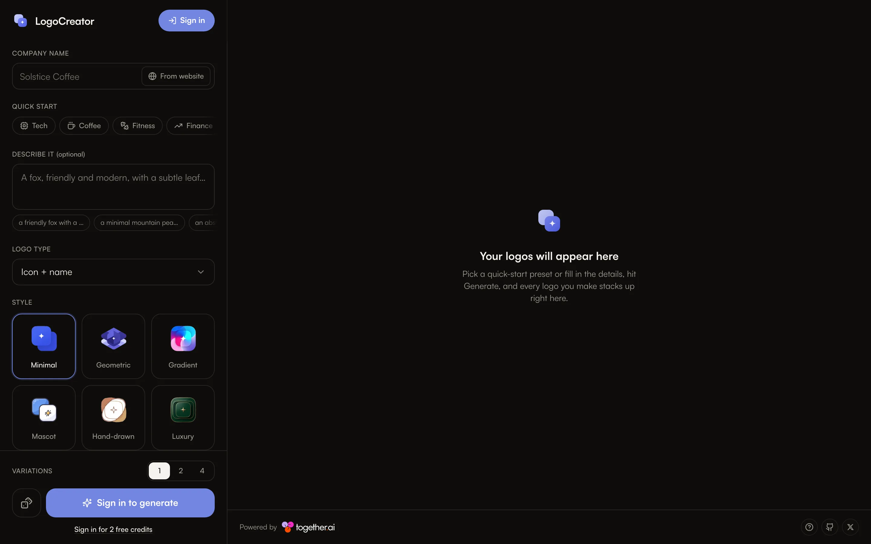 LogoCreator 開源 Logo 產生器,2 張免費額度與自架成本先算清楚 2 LogoCreator 官方網站的標誌生成表單,包含公司名稱、產業快速開始、標誌類型與風格選擇(官方網站截圖)
