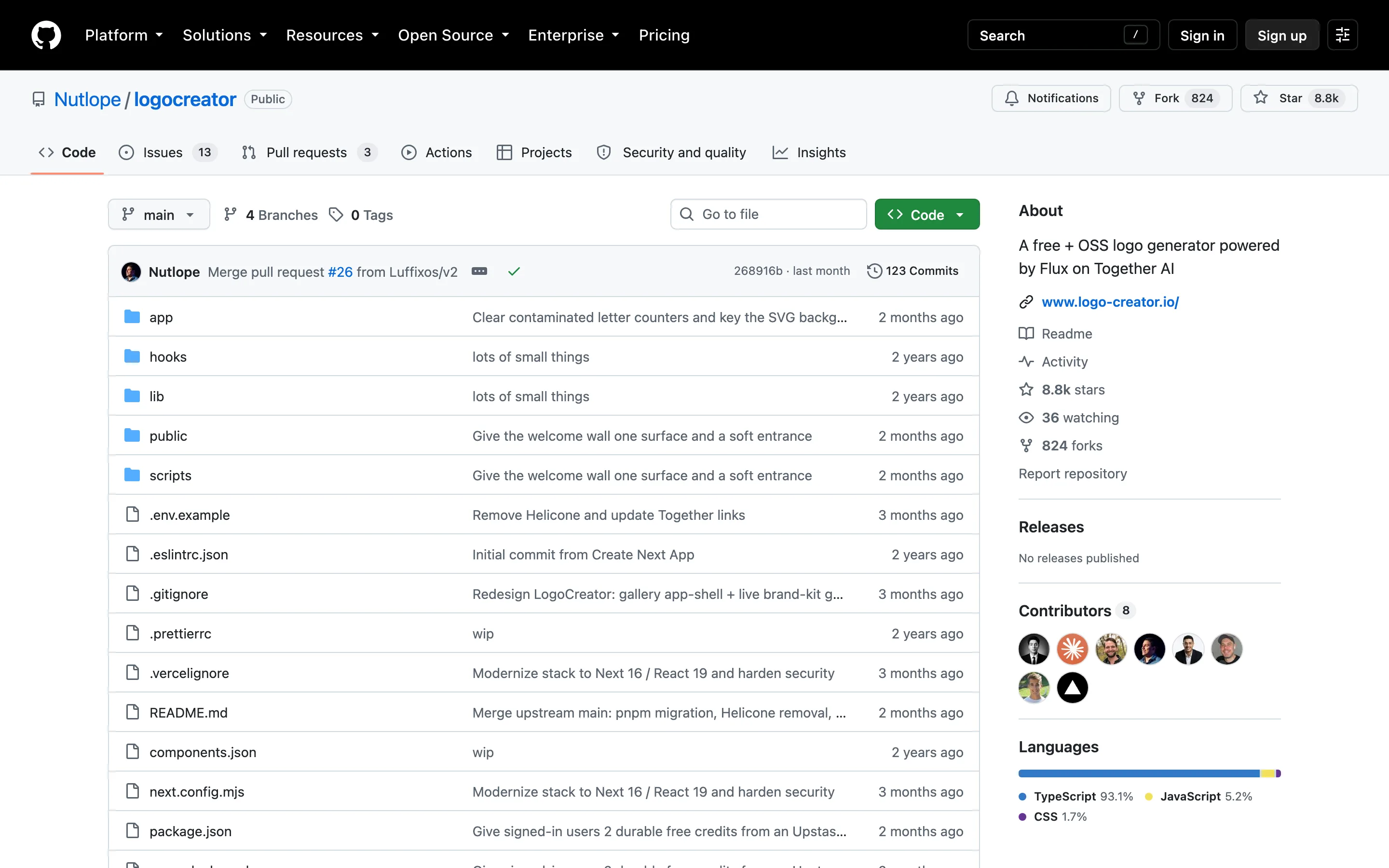 LogoCreator 開源 Logo 產生器,2 張免費額度與自架成本先算清楚 4 GitHub 上 Nutlope/logocreator 儲存庫頁面,約 8,800 顆星,專案描述為免費開源的 logo 產生器(官方儲存庫截圖)