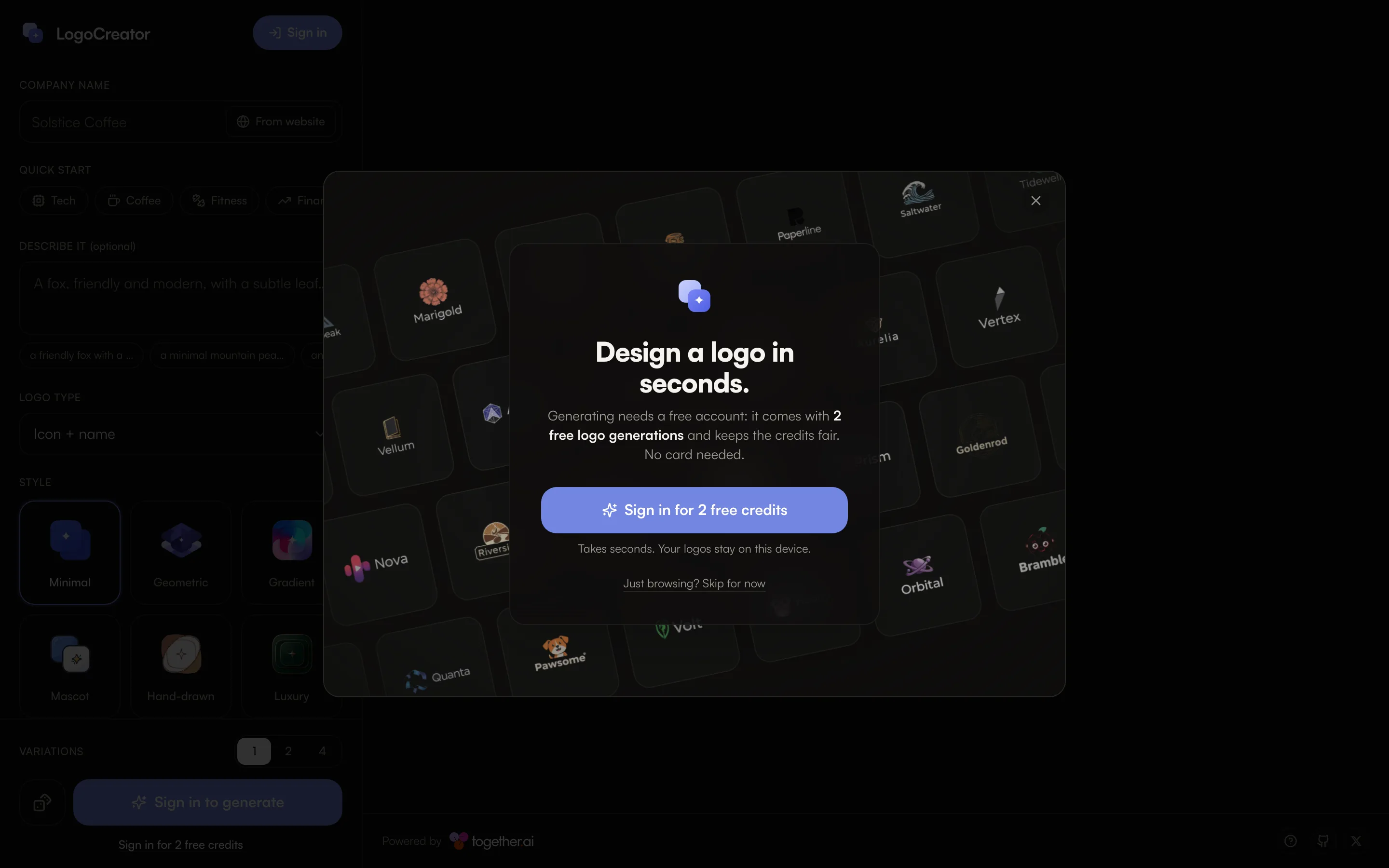 LogoCreator 開源 Logo 產生器,2 張免費額度與自架成本先算清楚 3 LogoCreator 官方網站的歡迎視窗,說明免費帳號附 2 次 logo 生成,主要按鈕為 Sign in for 2 free credits(官方網站截圖)