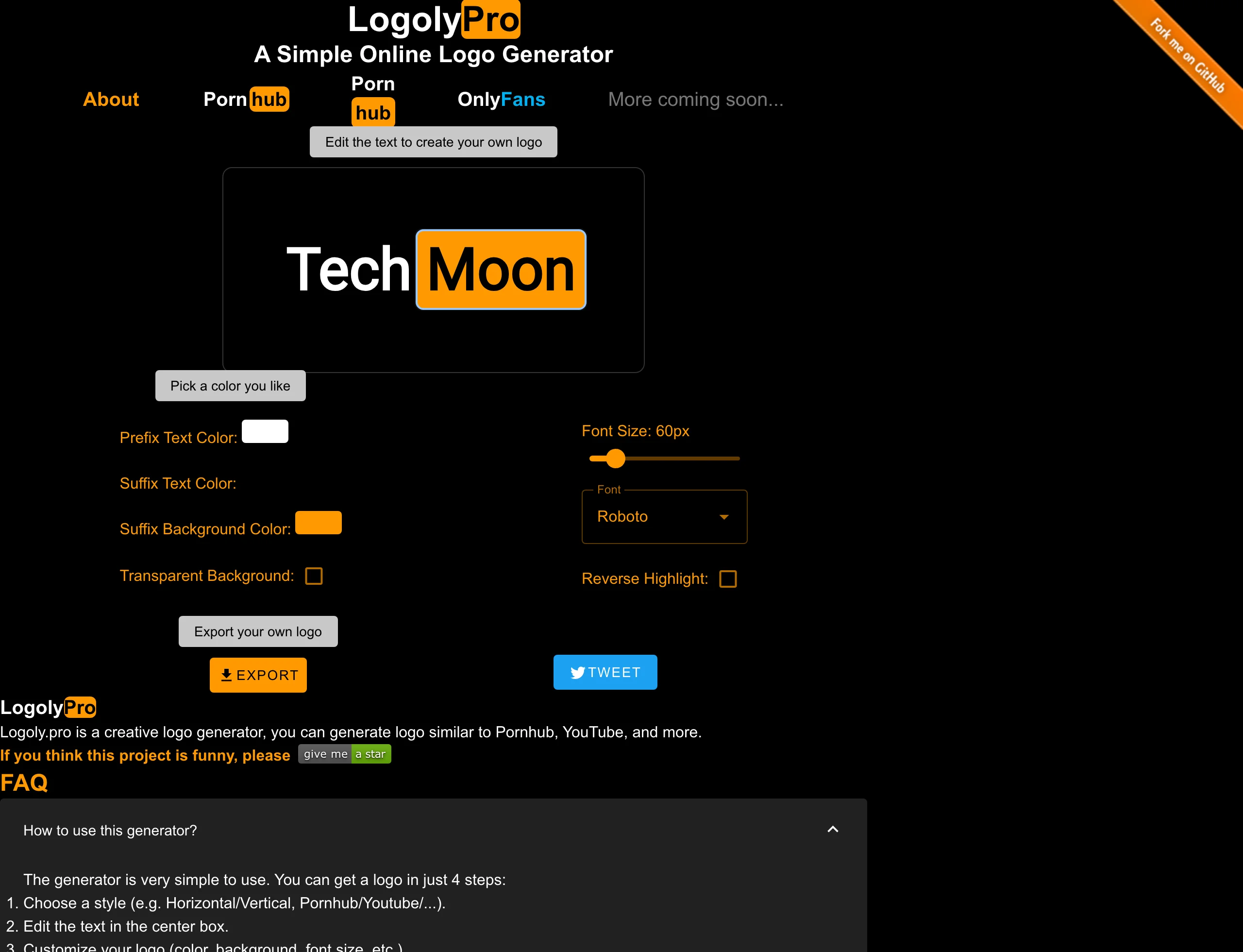 Logoly.Pro 首頁產生器畫面，預覽框顯示 Tech 與 Moon 兩段文字，Moon 帶橘色圓角底框，下方是顏色字級與字型控制列