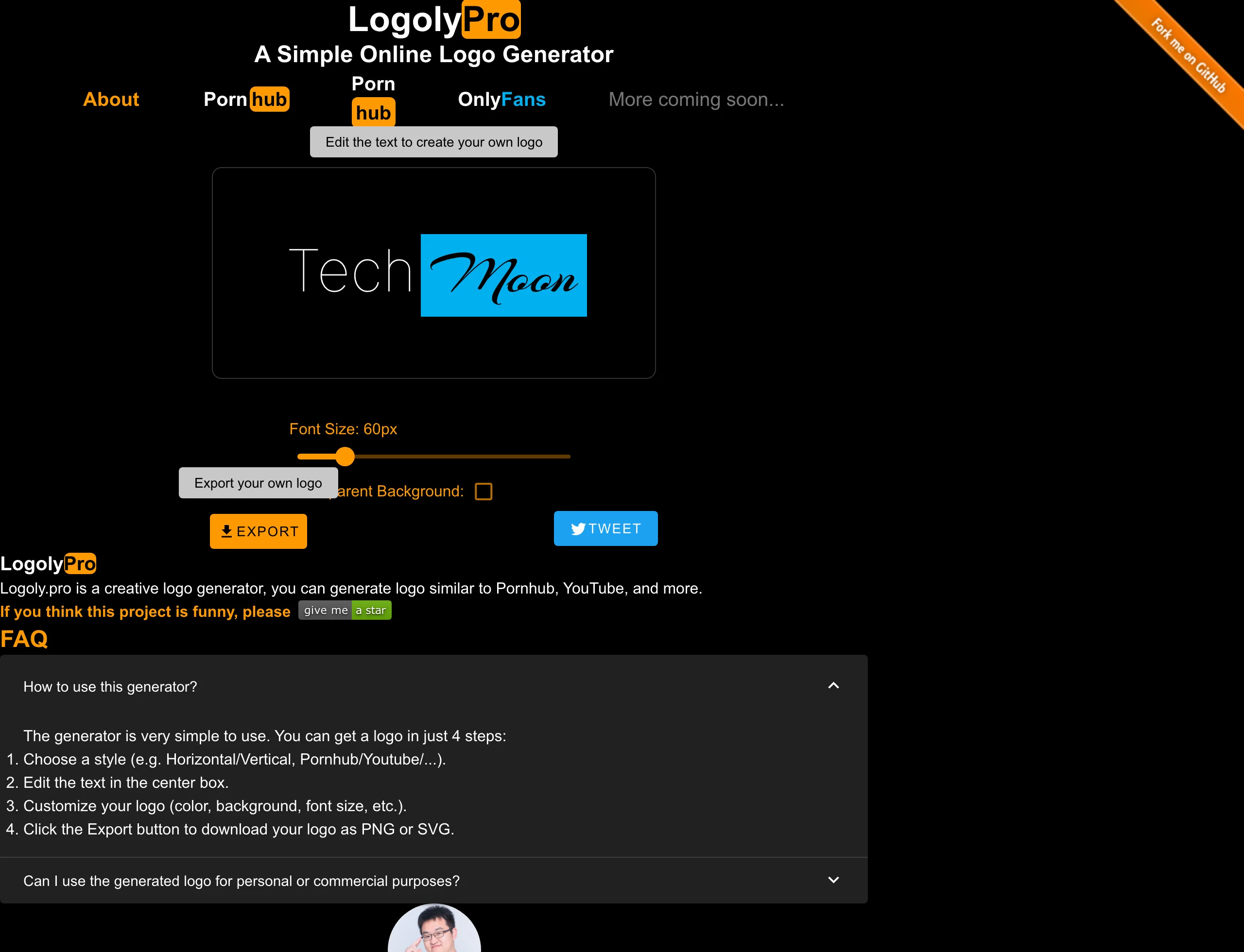 Logoly.Pro 的 OnlyFans 版產生器，黑底上白色前綴配藍色圓角方塊字尾，控制項只剩字級滑桿與透明背景勾選