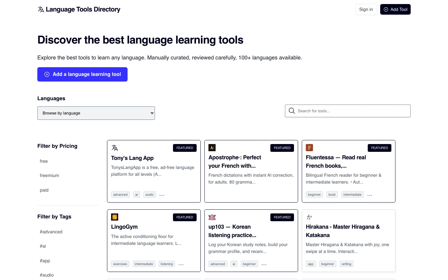 Language Tools Directory 是什麼?語言工具目錄,置頂規則先看懂 4 Language Tools Directory 首頁截圖,前五張工具卡片右上角都掛著 FEATURED 徽章,第六張開始沒有