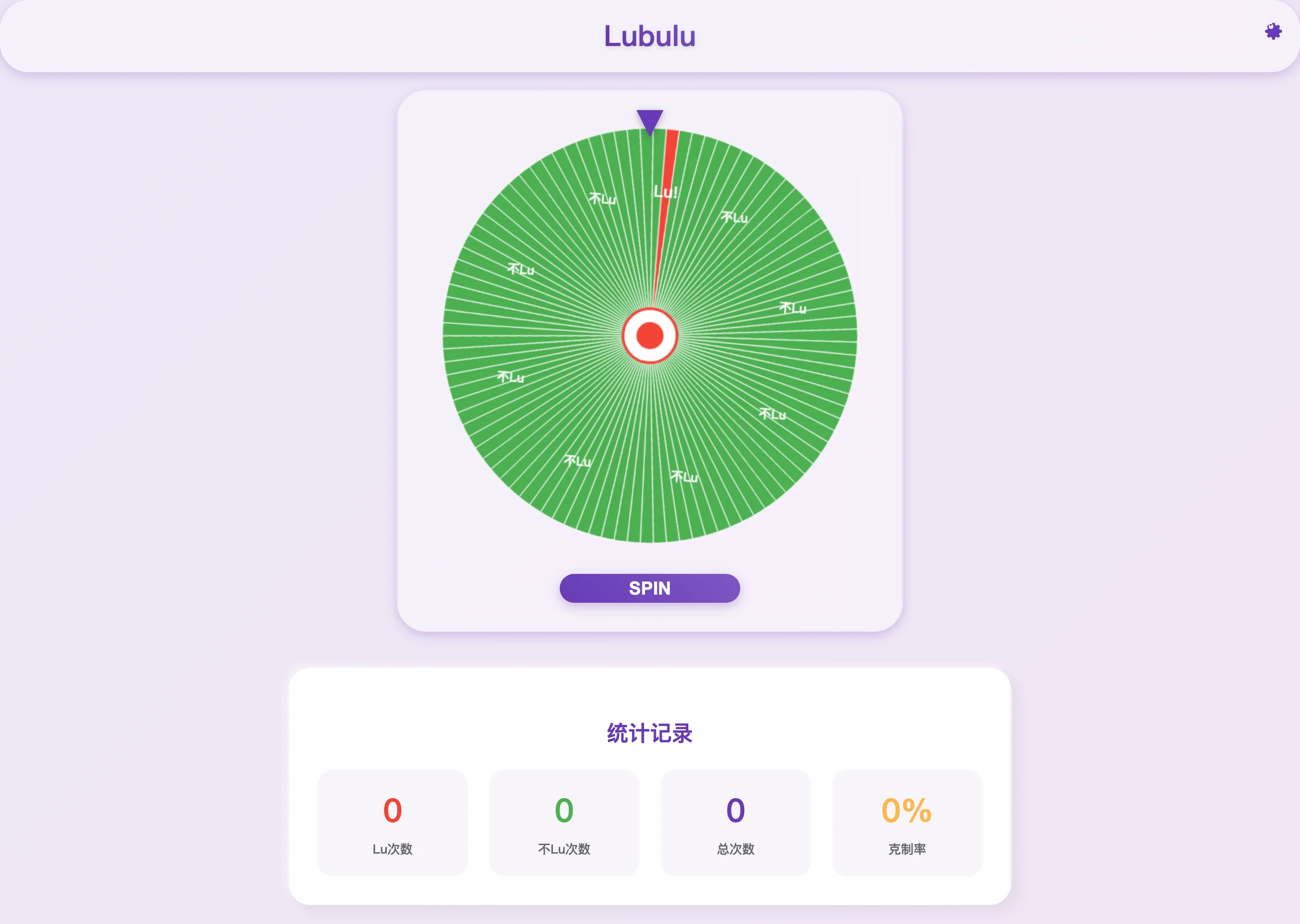 Lubulu 開源決策轉盤,把每天要不要放縱的掙扎交給機率 2 Lubulu 主畫面:深紫色底、中央 99 等分轉盤,98 格綠色不Lu 與 1 格紅色 Lu!,中間下方有 SPIN 按鈕,右上有設定齒輪