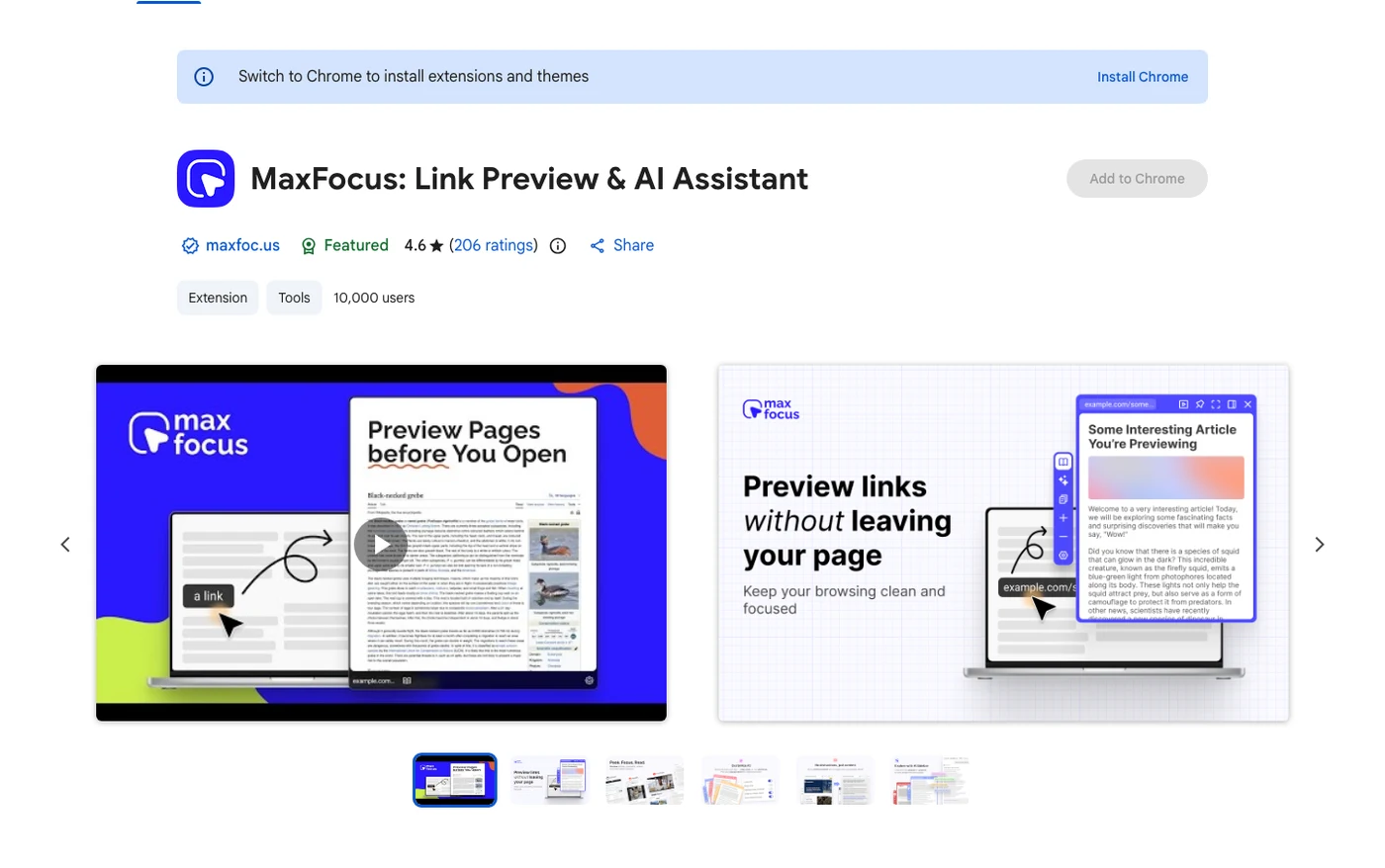 Chrome 線上應用程式商店的 MaxFocus 頁面：擴充功能名稱 MaxFocus Link Preview and AI Assistant、4.6 顆星與 206 則評價、10,000 位使用者、分類為工具