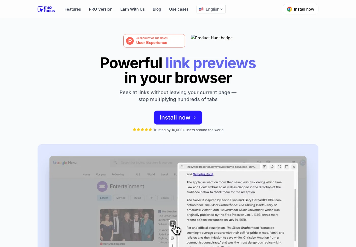 MaxFocus 官網首頁示意圖：在 Google News 頁面上滑鼠停留連結，彈出浮動預覽視窗直接顯示好萊塢報導者文章內容，不用離開原頁面