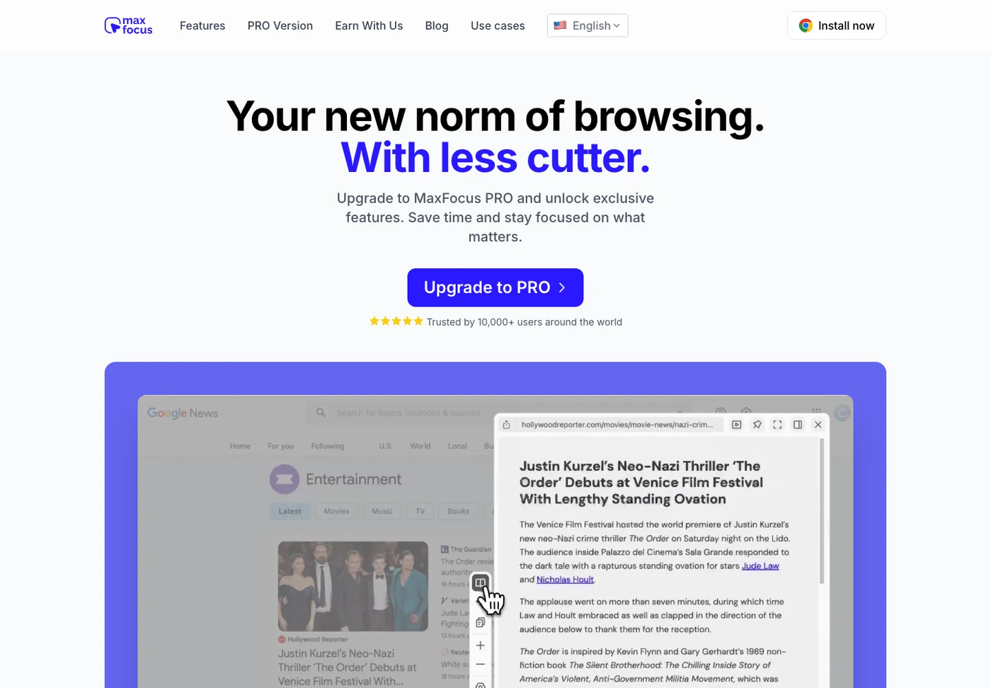 MaxFocus PRO 功能頁首屏：Upgrade to PRO 按鈕與 10,000 plus users 信任標示，示意圖展示預覽視窗中的影片觀看與 AI 對話介面
