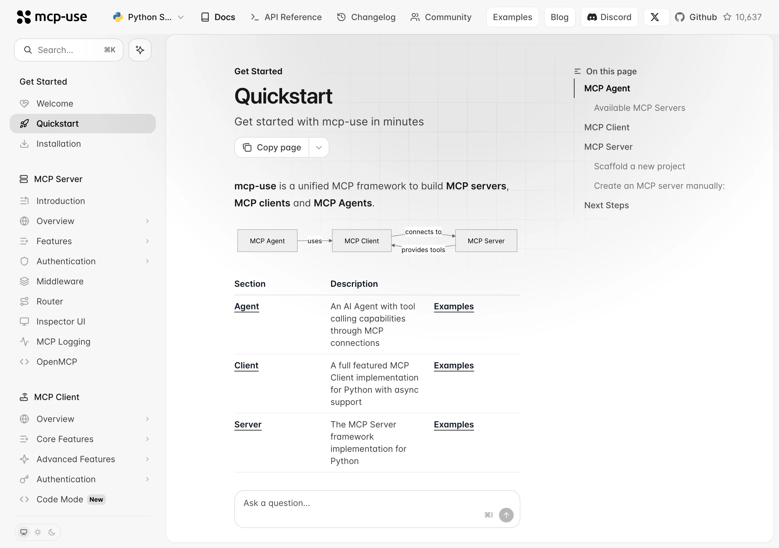 mcp-use 開源庫實測:讓任何 LLM 直連 MCP 伺服器呼叫工具 2 mcp-use 官方文件的 Python Quickstart 頁面,說明 MCP Agent、Client 與 Server 三種角色