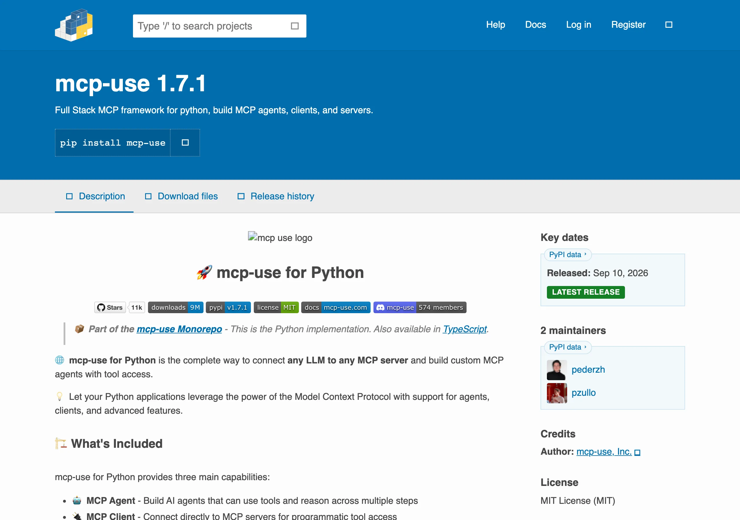 mcp-use 開源庫實測:讓任何 LLM 直連 MCP 伺服器呼叫工具 4 mcp-use 在 PyPI 的套件頁面,版本 1.7.1,作者為 mcp-use, Inc.