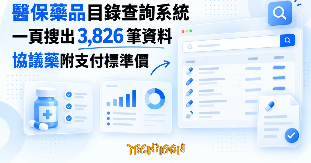 醫保藥品目錄查詢系統:一頁搜出 3,826 筆中國醫保藥品資料 1 TechMoon 精選圖|醫保藥品目錄查詢系統:開源網頁一頁搜出 3,826 筆中國醫保藥品資料