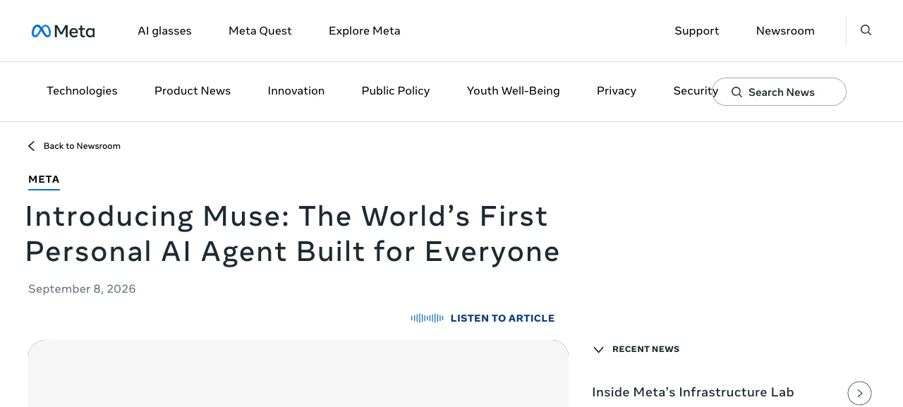 Meta Muse 是什麼?會替你結帳的個人 AI 代理,美國先行推出 2 Meta Newsroom 的 Muse 發布公告頁面,標題為 Introducing Muse: The World's First Personal AI Agent Built for Everyone,文章開頭說明 Muse 是安全且私人的個人 AI 代理