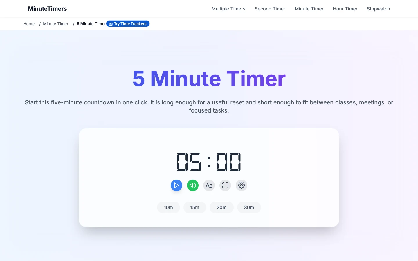 MinuteTimers 免費線上計時器實測,倒數全程留在瀏覽器本機 3 MinuteTimers 五分鐘計時頁面,大標題 5 Minute Timer 與倒數計時器