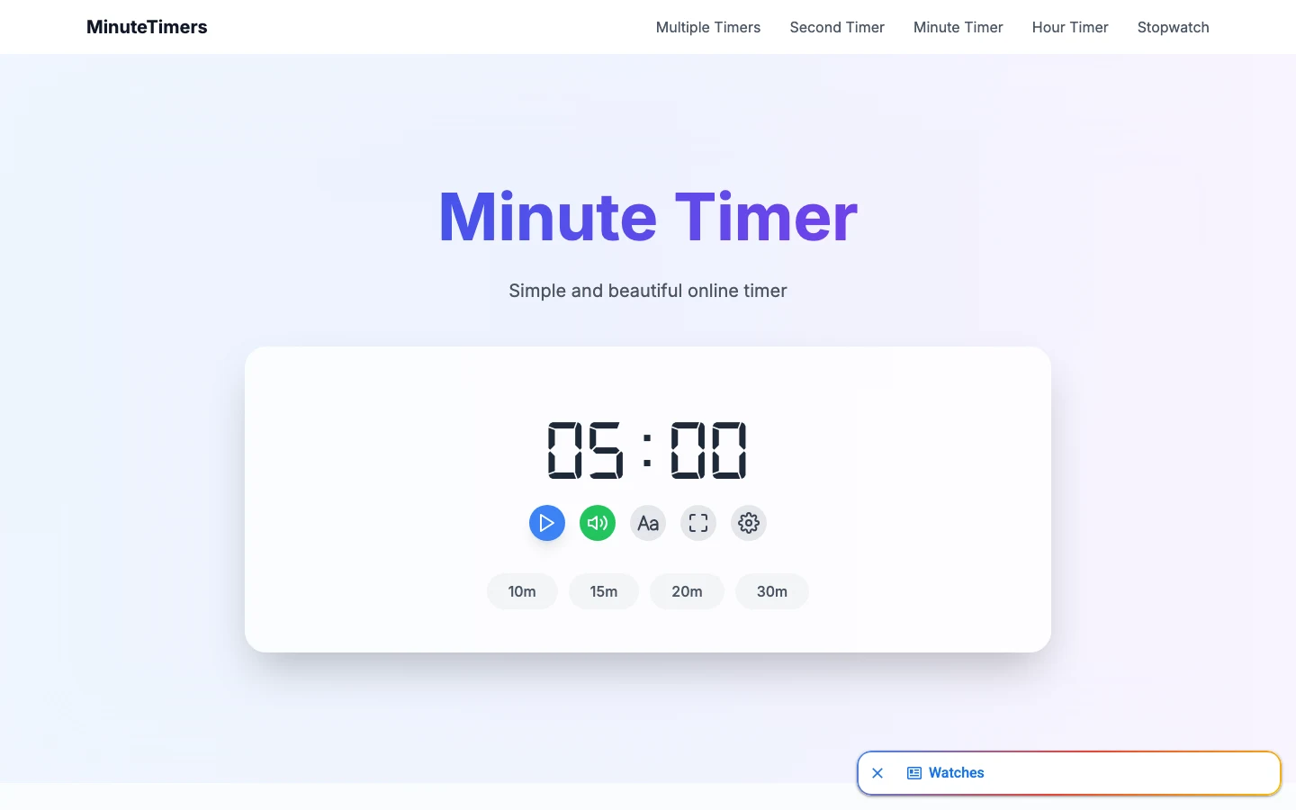 MinuteTimers 免費線上計時器實測,倒數全程留在瀏覽器本機 2 MinuteTimers 首頁計時器介面,數字顯示 05:00,下方有 10 到 30 分鐘預設按鈕