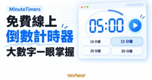 TechMoon 精選圖｜MinuteTimers 免費線上倒數計時器，以大數字顯示與四個預設時長按鈕呈現網頁計時功能