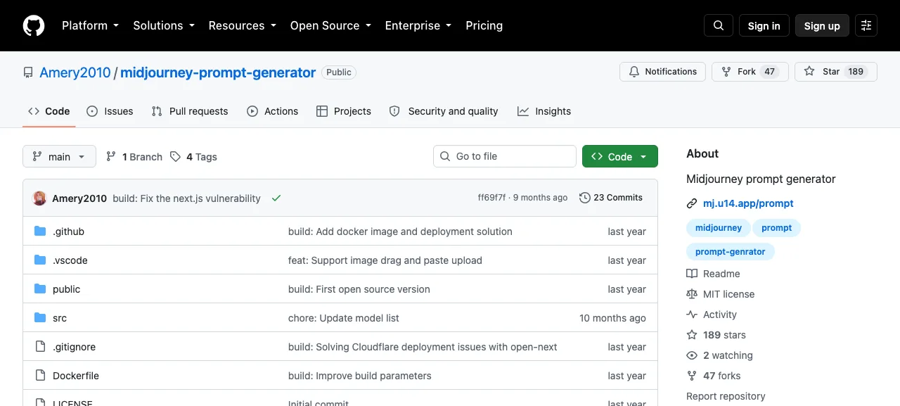 GitHub 上 Amery2010 的 midjourney-prompt-generator 開源專案頁