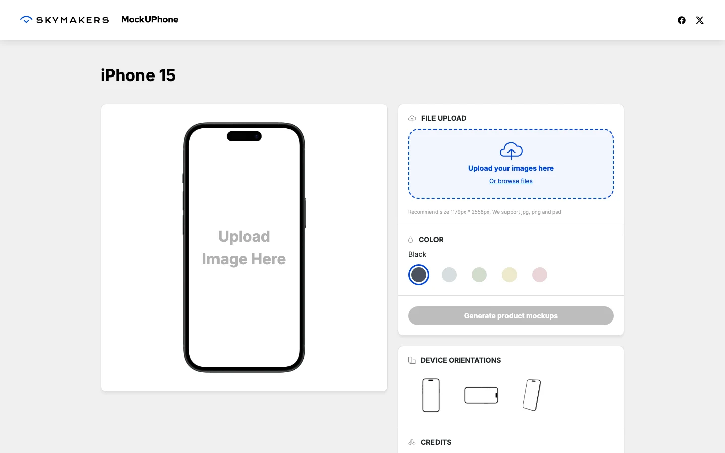 MockUPhone 免費裝置外框工具:截圖套上 68 款機型,全程不上傳 2 MockUPhone 的 iPhone 15 裝置頁,右側為 FILE UPLOAD 上傳區與五個顏色色票,左側為手機外框預覽