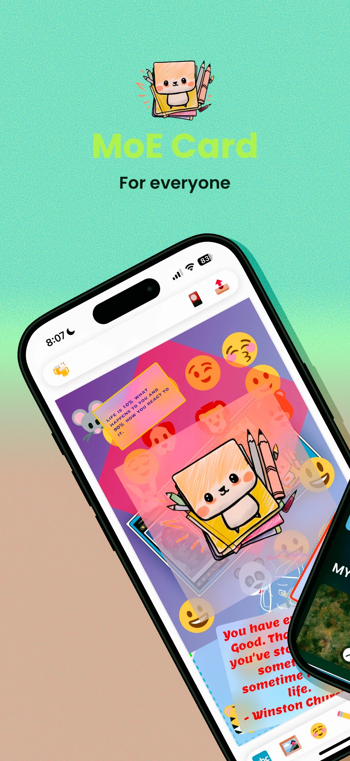 萌藝卡片是什麼?免費 iPhone 卡片製作 App,資料留在手機裡 2 萌藝卡片 MoE Card 官方 App Store 截圖:卡片編輯器展示畫面,表情符號、動物貼紙與語錄文字卡可疊加編排