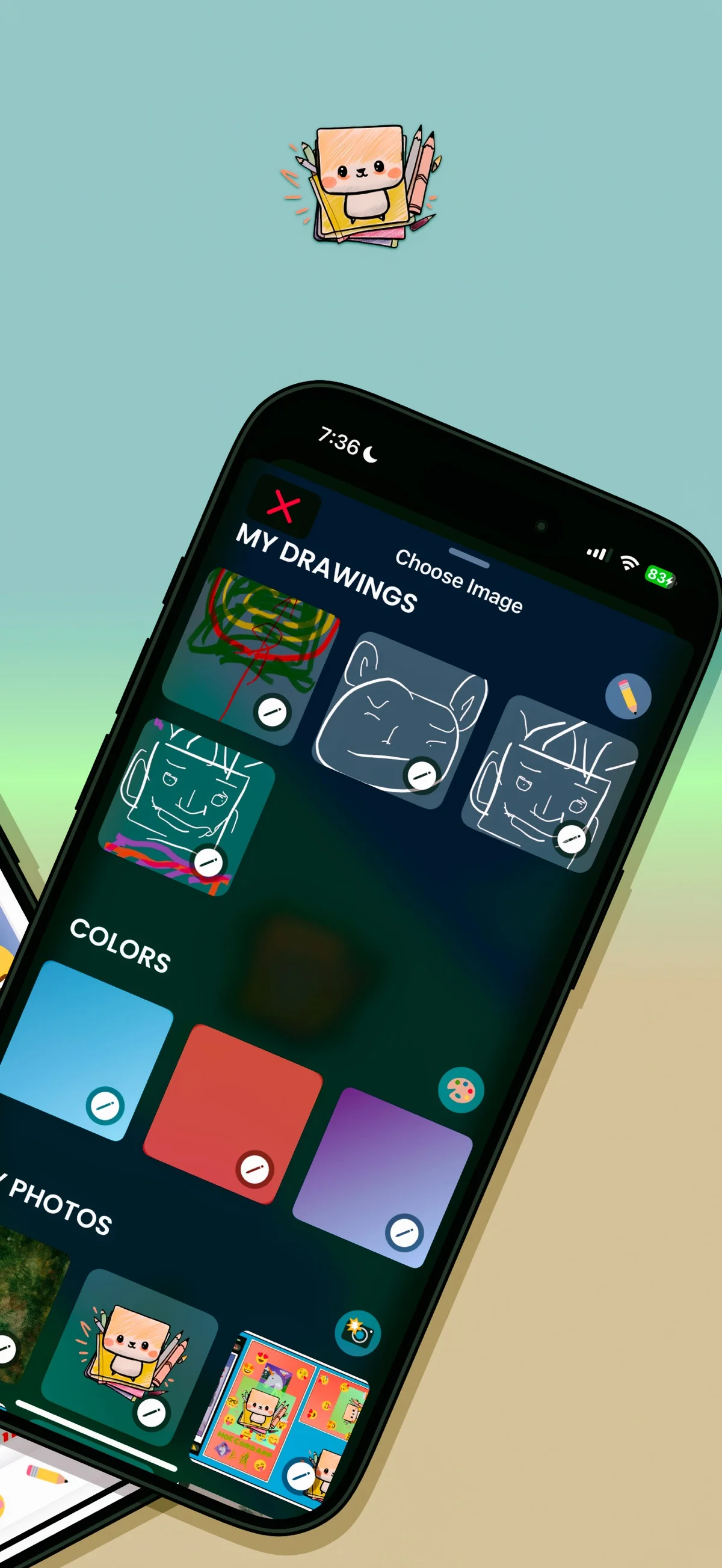 萌藝卡片是什麼?免費 iPhone 卡片製作 App,資料留在手機裡 4 萌藝卡片 MoE Card 官方 App Store 截圖:選圖介面把塗鴉、純色與相簿照片分類呈現,供卡片創作取材