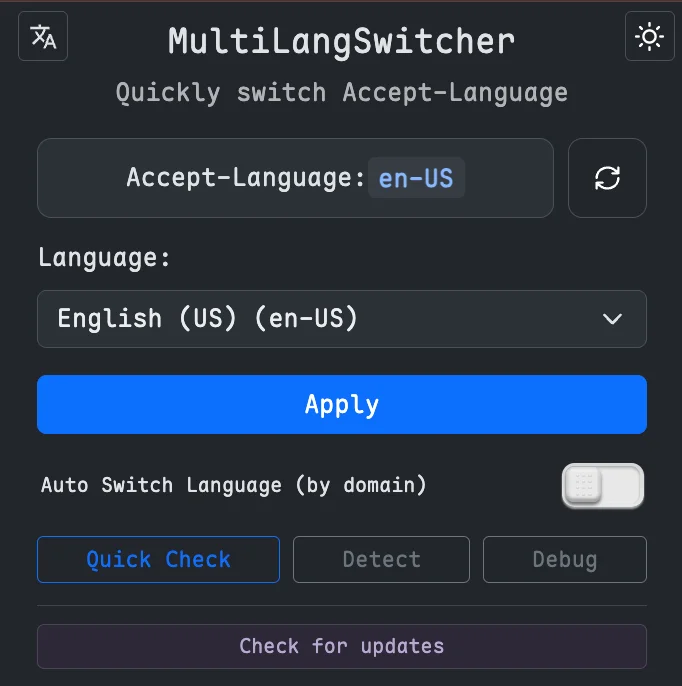 瀏覽器語言切換 MultiLangSwitcher,讓網站用你選的語言回應 3 MultiLangSwitcher 英文深色主題介面,顯示目前 Accept-Language 值