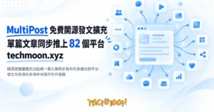 TechMoon 精選圖｜開源瀏覽器擴充功能把一篇文章同步發布到多個社群平台，發文內容流向多個平台圖示的示意圖